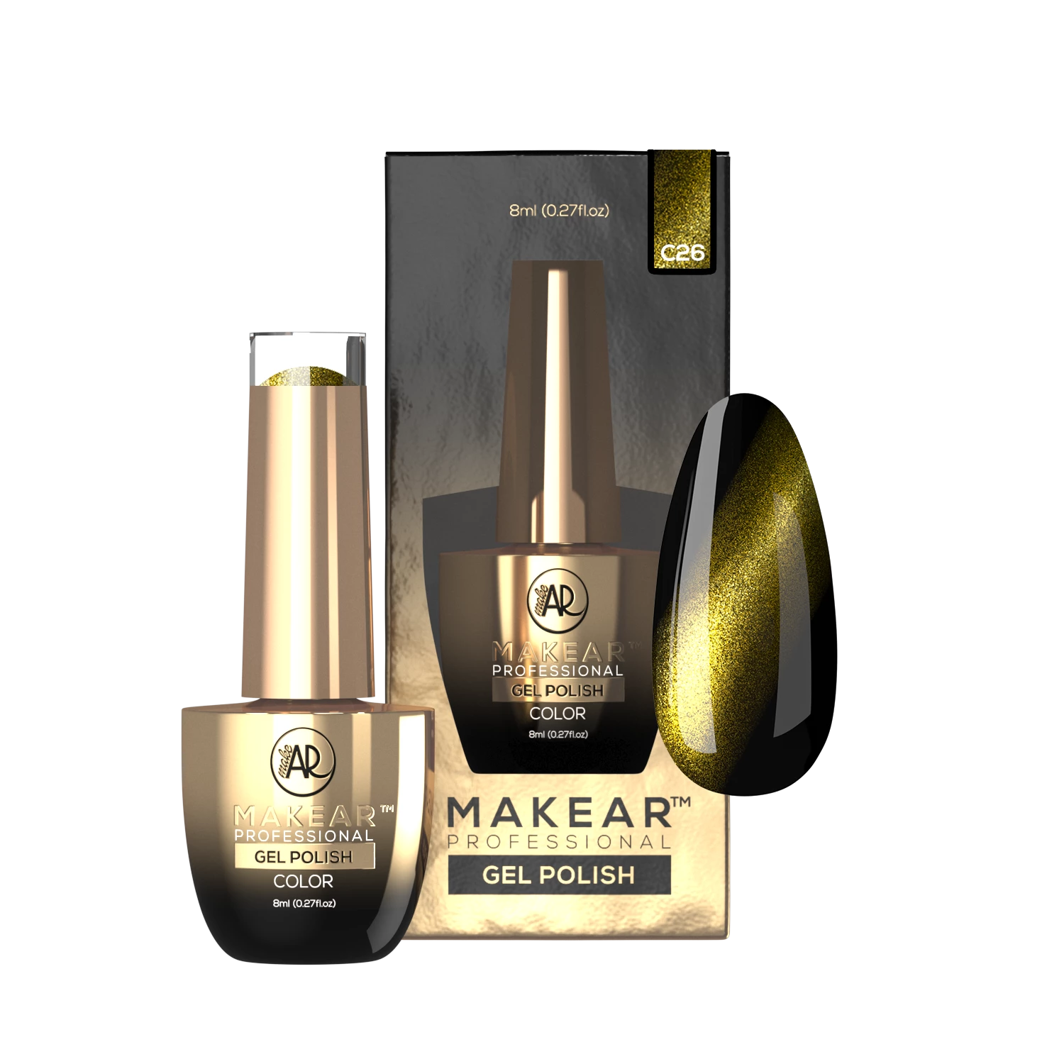 Makear lakier hybrydowy C26 Cat Eye czarna baza, złoto-zielony refleks zmienny pod kątem, 8 ml