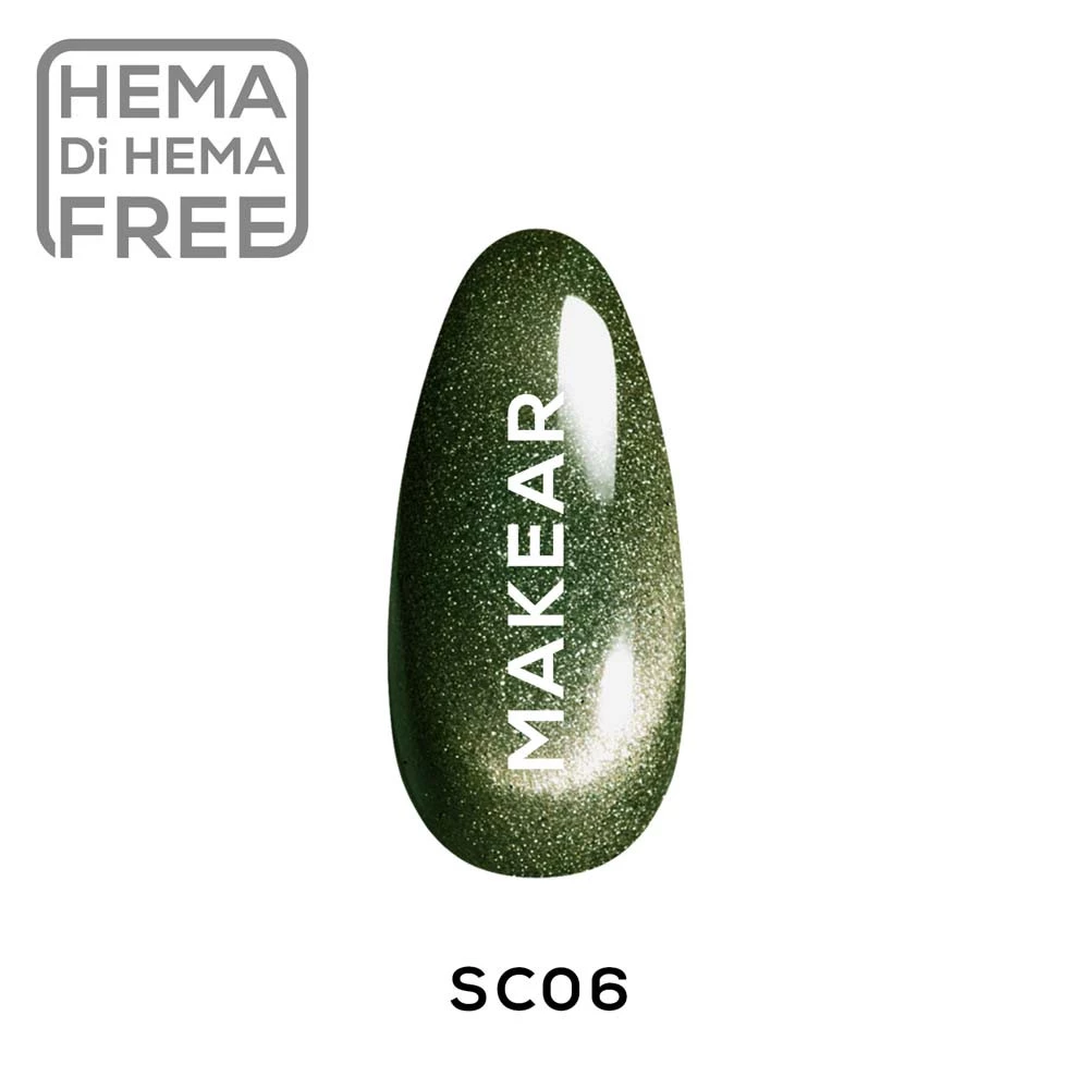 Makear lakier hybrydowy SC06 Cat Eye ciemna oliwkowa zieleń ze smugą kociego oka - swatch koloru, 8 ml HEMA FREE