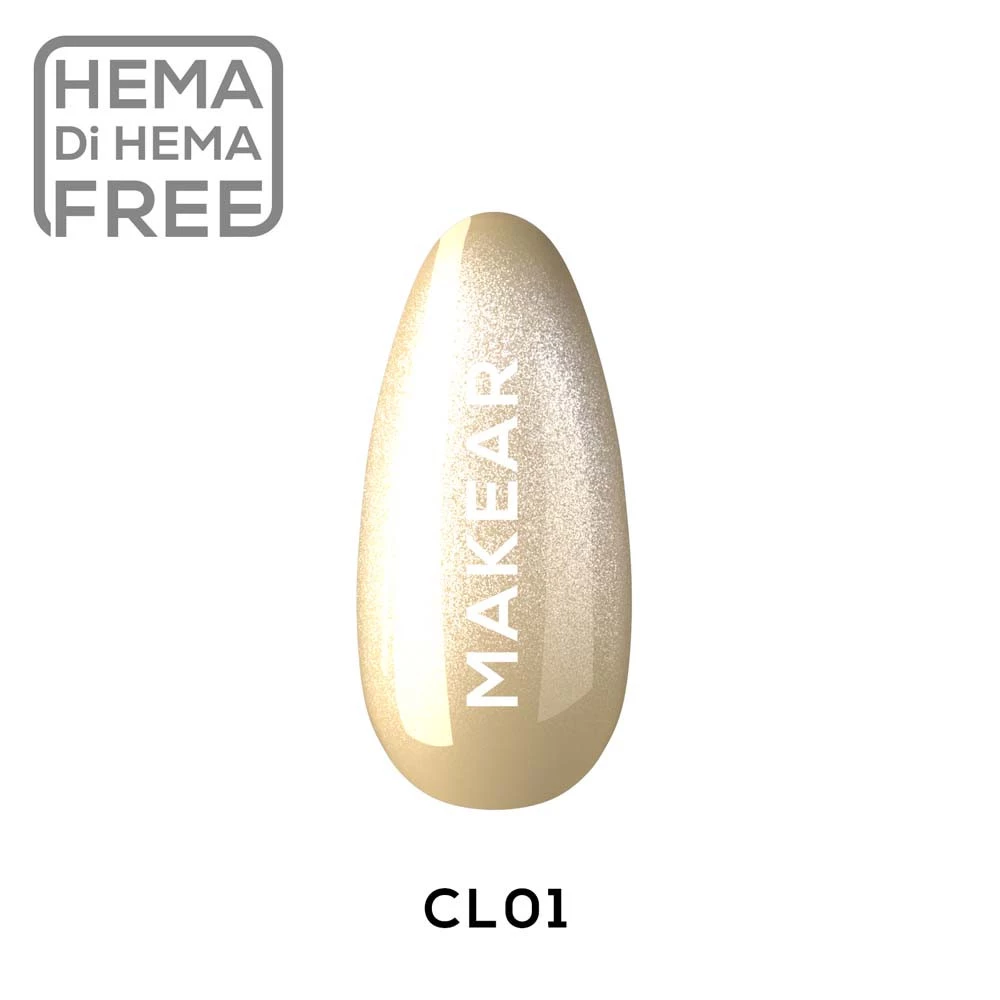 Lakier hybrydowy Makear CL01 Dubaj Sands, swatch szampańsko-złotego koloru z efektem cat eye, 8 ml HEMA FREE