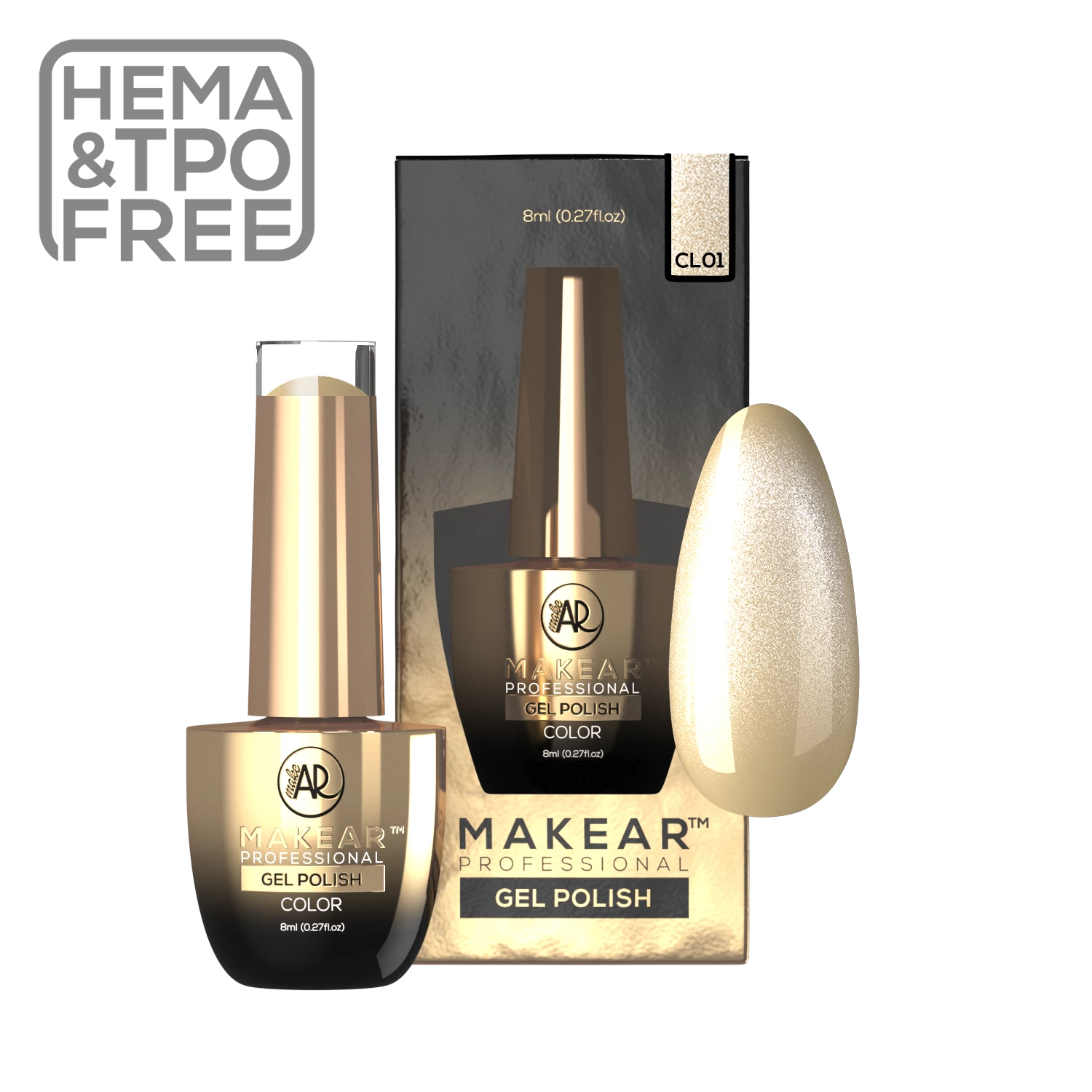Lakier hybrydowy Makear CL01 Dubaj Sands, szampańsko-złoty packshot buteleczki, 8 ml