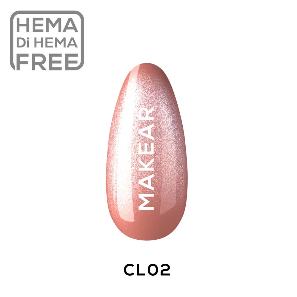 Lakier hybrydowy Makear CL02 Tokio Lights, swatch brzoskwiniowo-koralowego koloru z efektem cat eye, 8 ml HEMA FREE