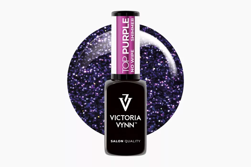 Top Purple No Wipe - bezbarwny top hybrydowy z różowo-fioletową drobinką, Victoria Vynn 8 ml