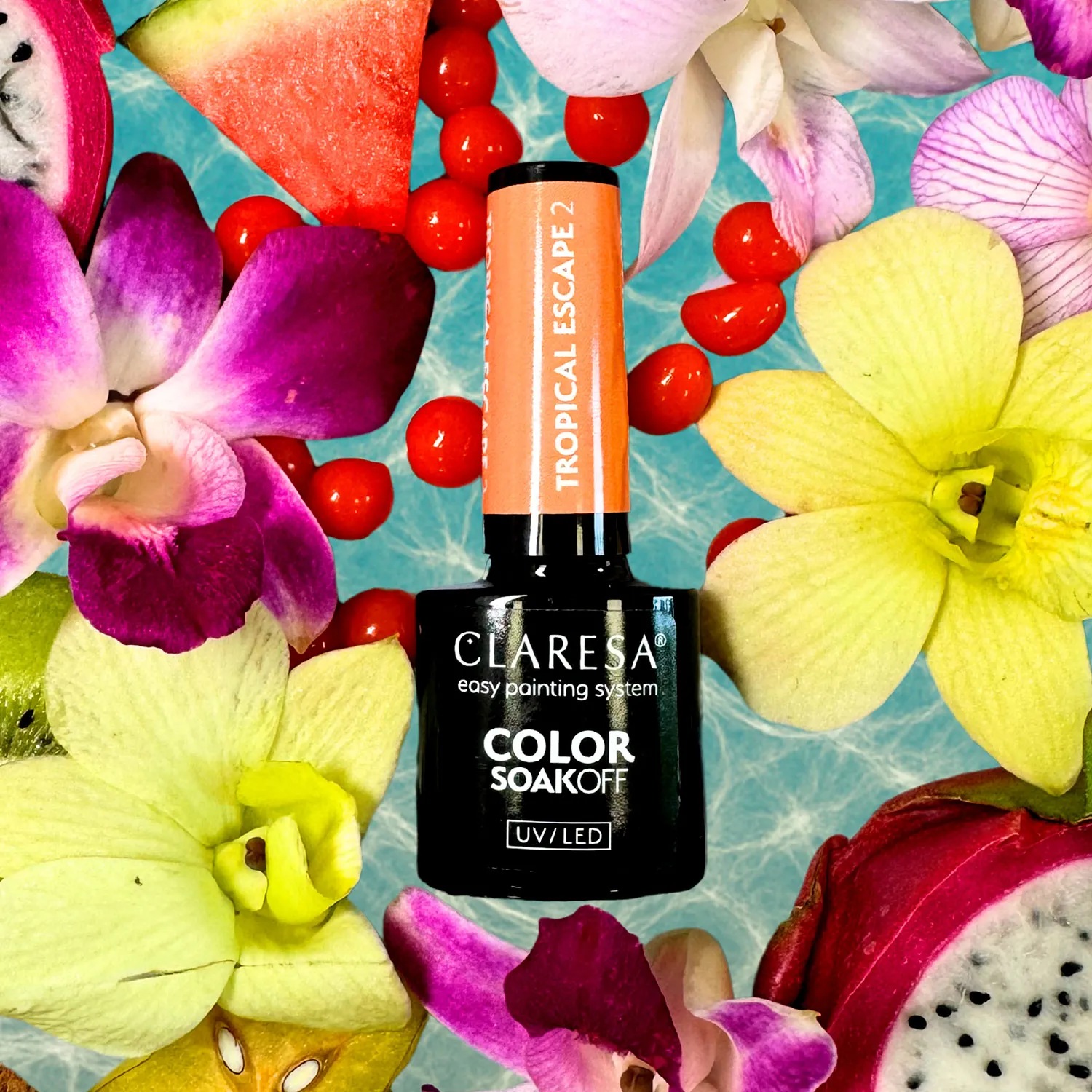 Claresa Tropical Escape 2 - neonowa pomarańczowa hybryda 5 g, butelka i swatch koloru w klimacie tropikalnym