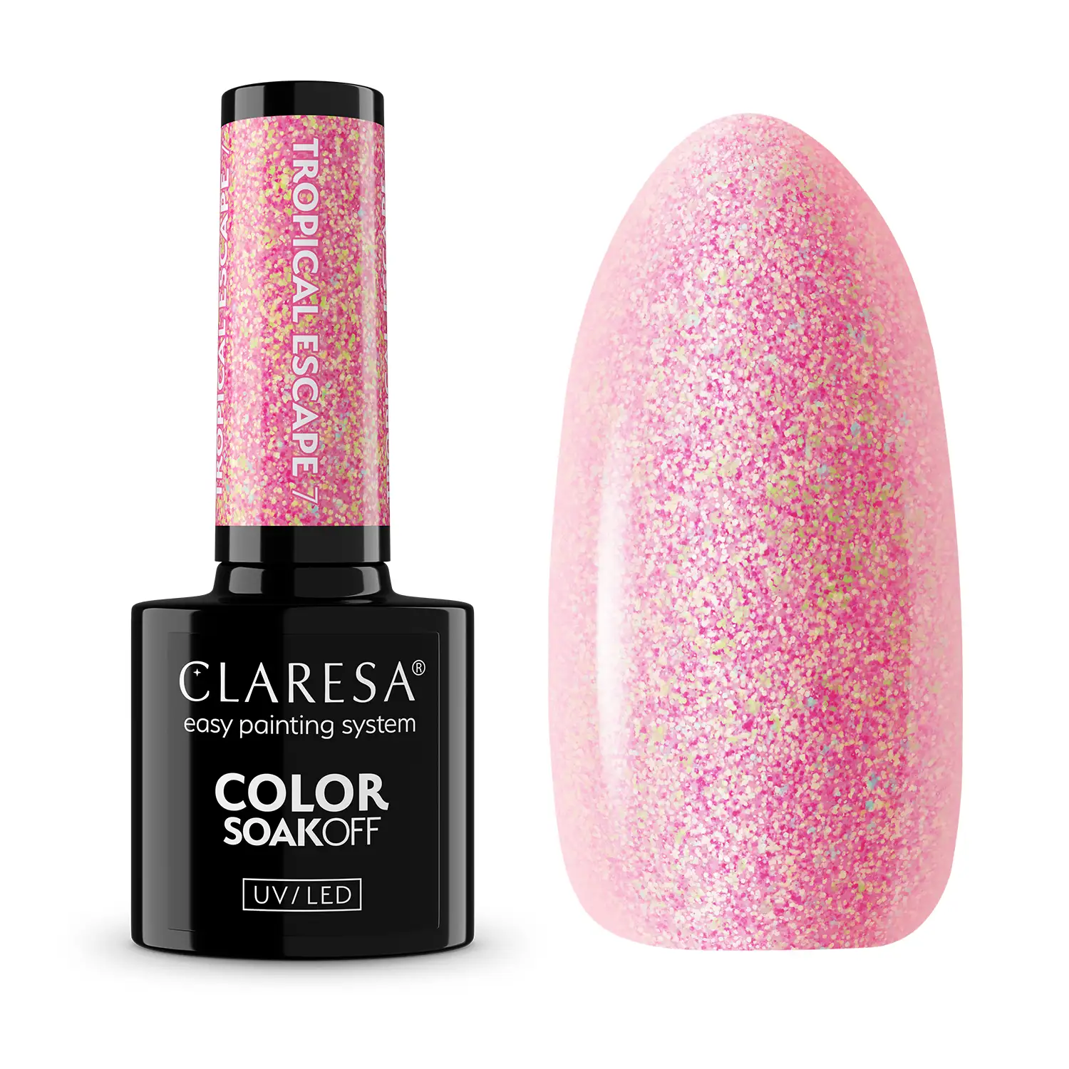Claresa lakier hybrydowy Tropical Escape 7, 5 g - butelka i swatch rozowy brokat