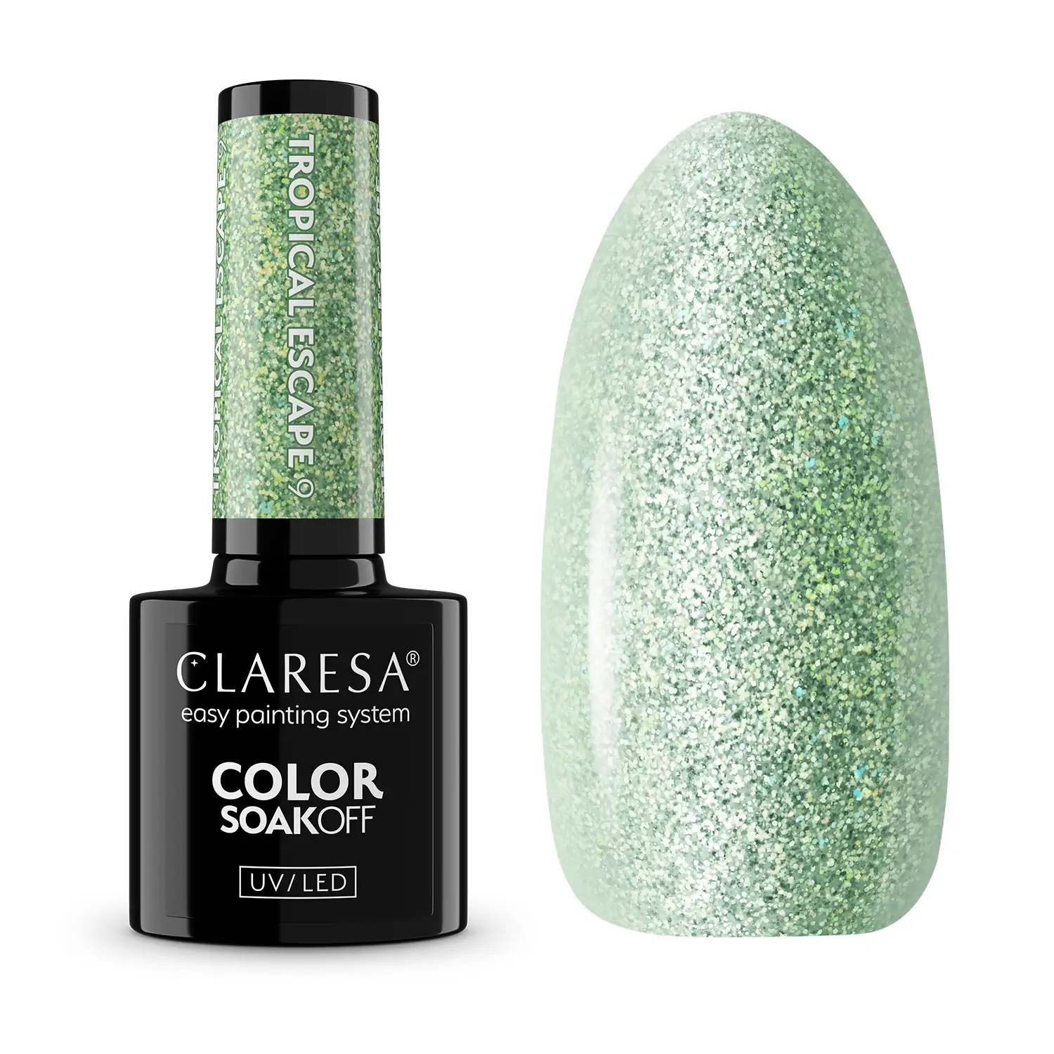 Claresa lakier hybrydowy Tropical Escape 9, 5 g - butelka i swatch srebrno-zielony brokat