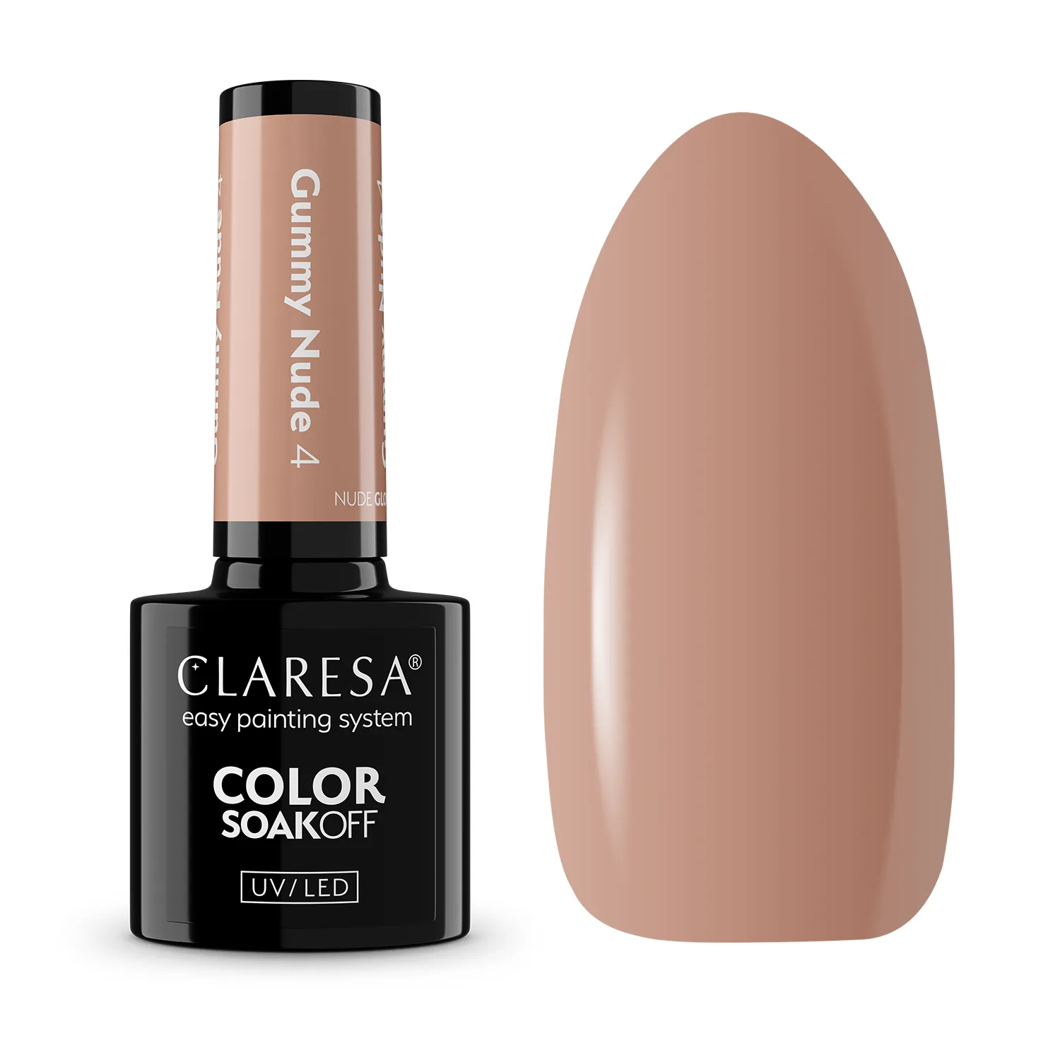 Claresa Nude Glow Gummy Nude 4 - butelka lakieru hybrydowego 5 g i swatch karmelowo-beżowego nude