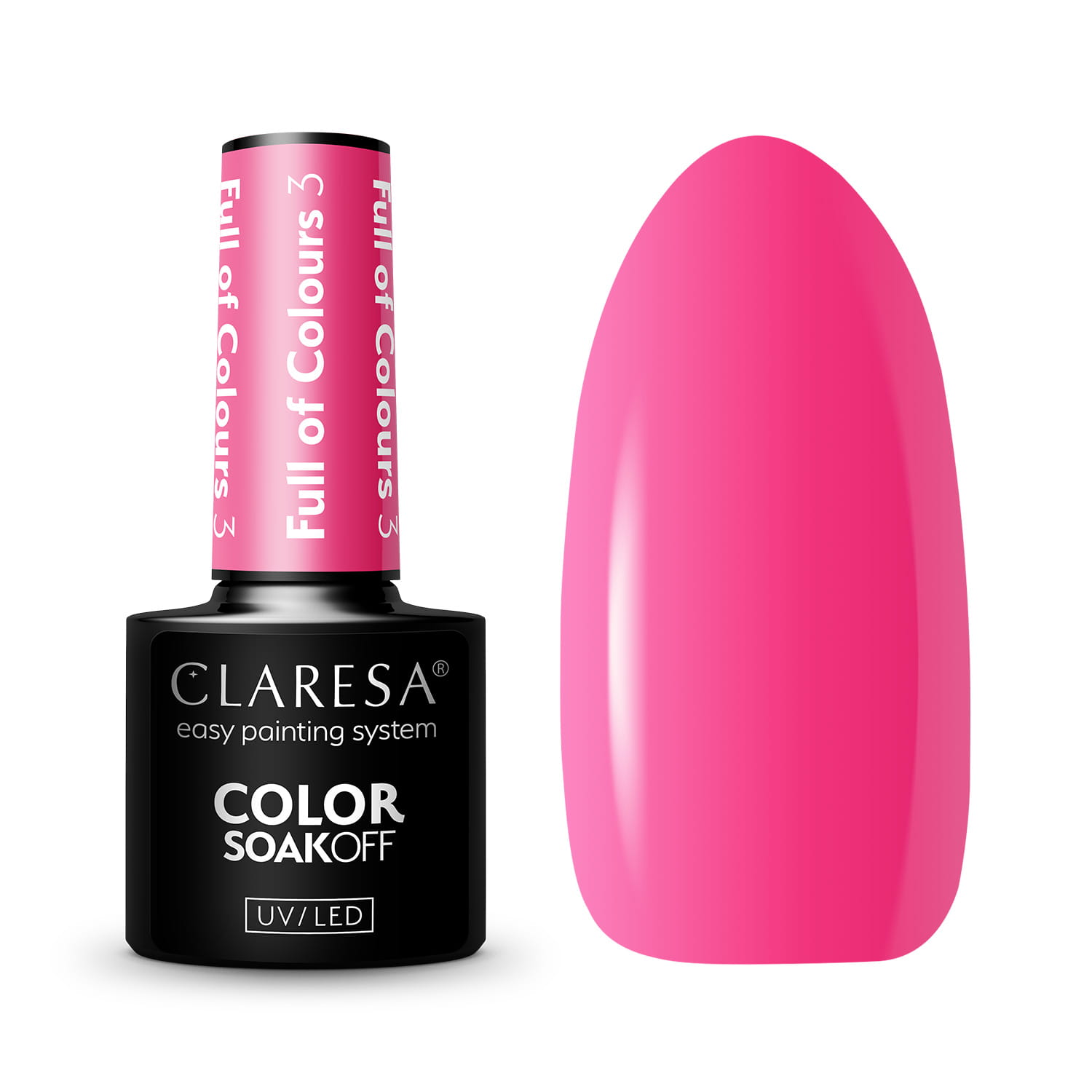 Packshot lakieru hybrydowego Claresa Full of Colours 3 z butelką i swatchem intensywnego różu fuksja