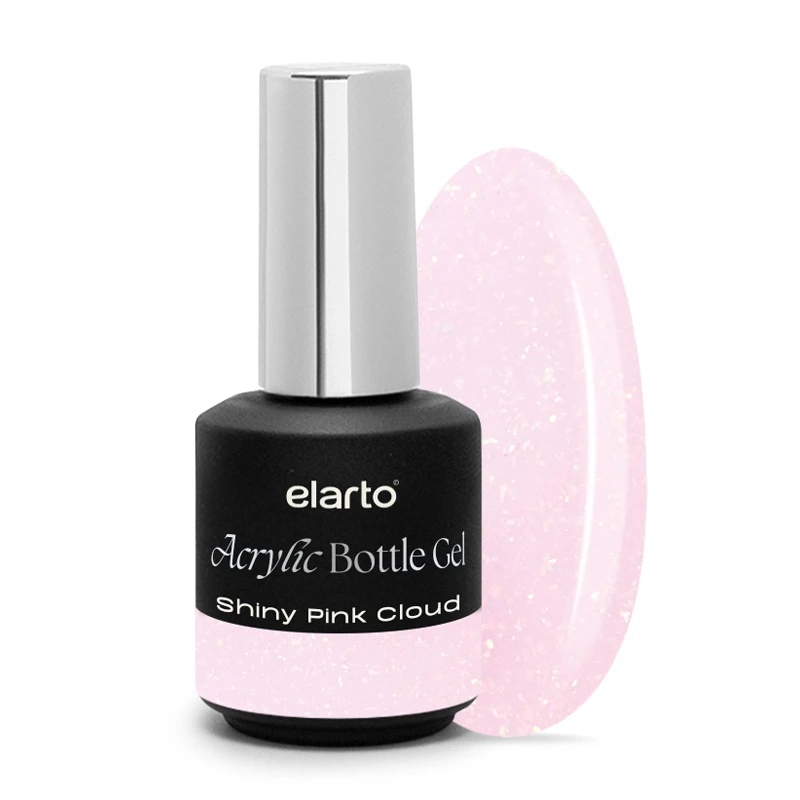 Elarto Acrylic Bottle Gel Shiny Pink Cloud 15 ml - opalizujący mleczny róż akrylożel w butelce z aplikatorem i owalny próbnik koloru