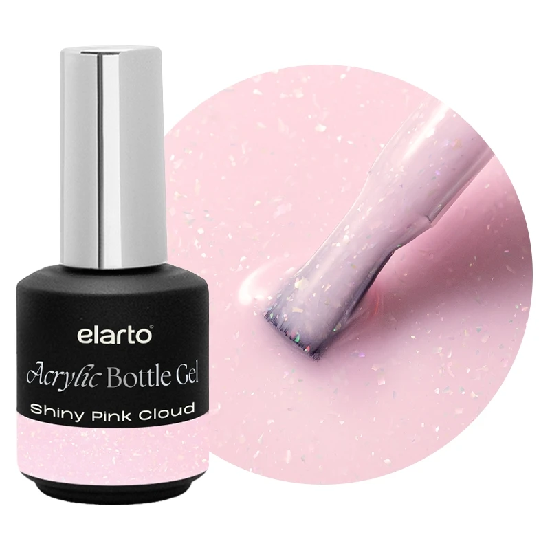 Elarto Acrylic Bottle Gel Shiny Pink Cloud 15 ml - opalizujący mleczny róż akrylożel w butelce, zbliżenie koloru