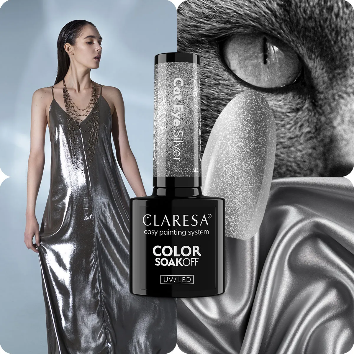 Wymalowany paznokieć w chłodnym srebrze z jasną, świetlistą smugą kociego oka — Claresa Cat Eye Silver