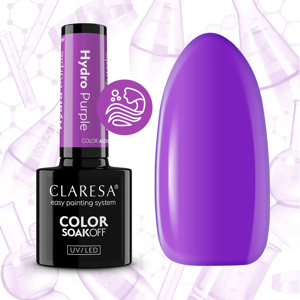 Butelka lakieru hybrydowego Claresa Hydro Purple 5 g z wymalowanym swatchem elektryzującego, szklistego fioletu