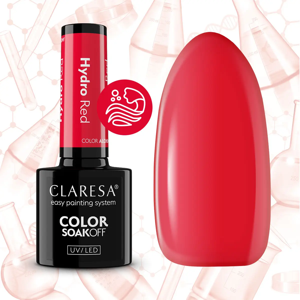 Packshot lakieru hybrydowego Claresa Hydro Red z próbnikiem soczystej, szklistej czerwieni