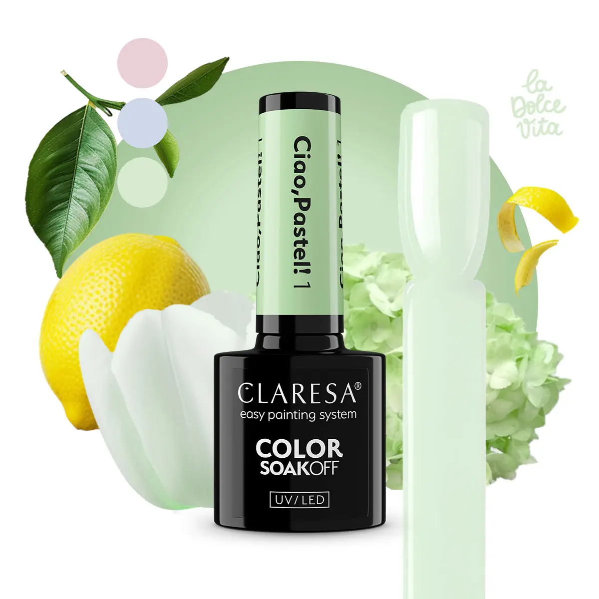 Claresa Ciao Pastel 1 - pastelowa miętowa hybryda 5 g, butelka i swatch koloru w klimacie la dolce vita