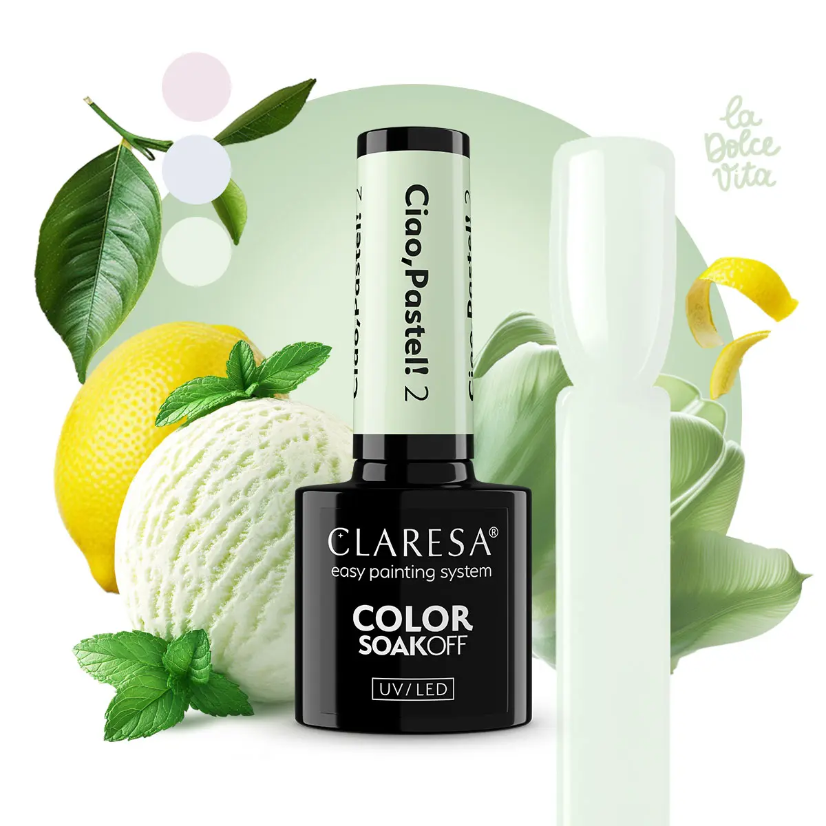 Claresa Ciao Pastel 2 - pastelowa mięta z kroplą szarości, hybryda 5 g, butelka i swatch koloru w klimacie la dolce vita