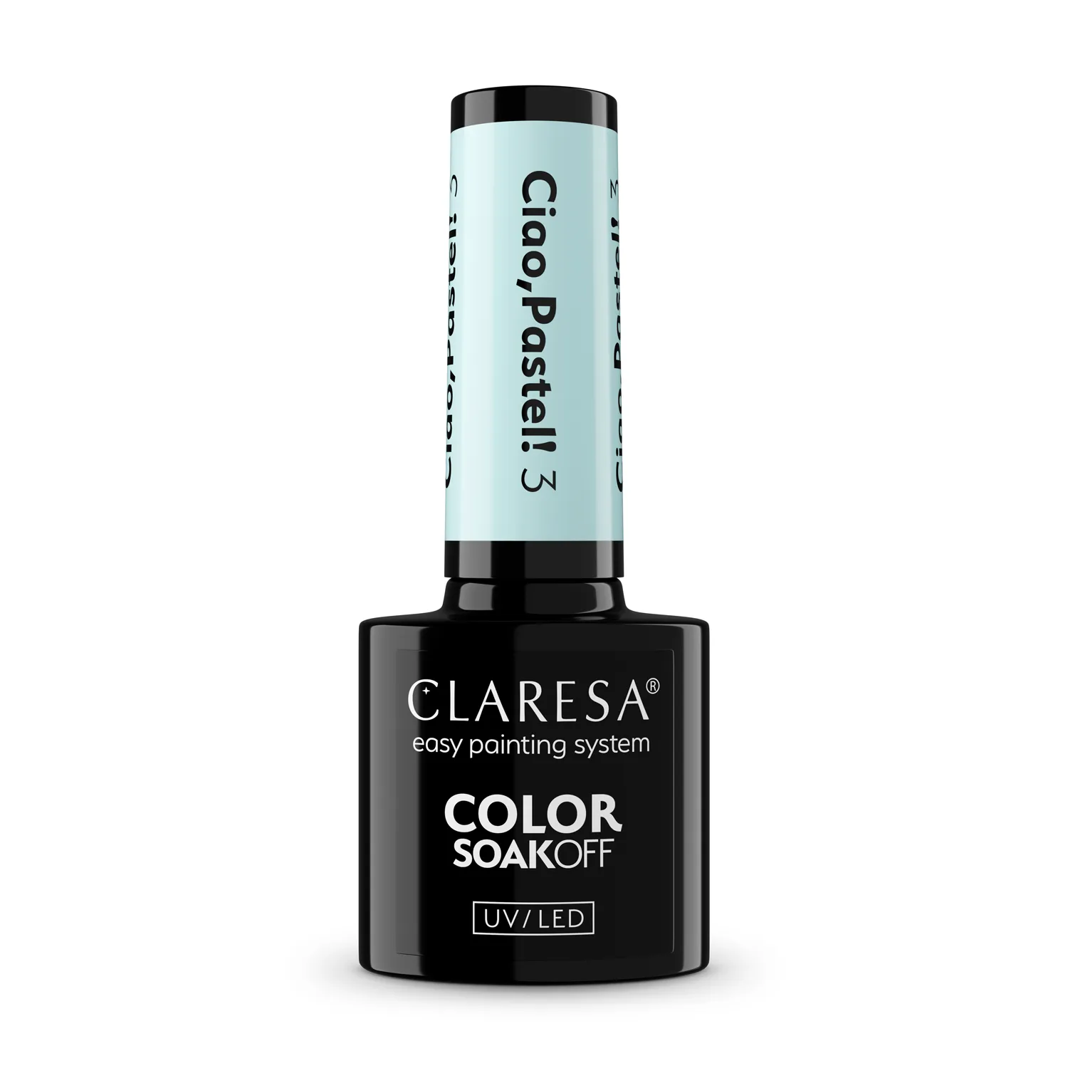 Claresa Ciao Pastel 3 - pastelowa błękitna hybryda 5 g, butelka i swatch koloru w klimacie la dolce vita