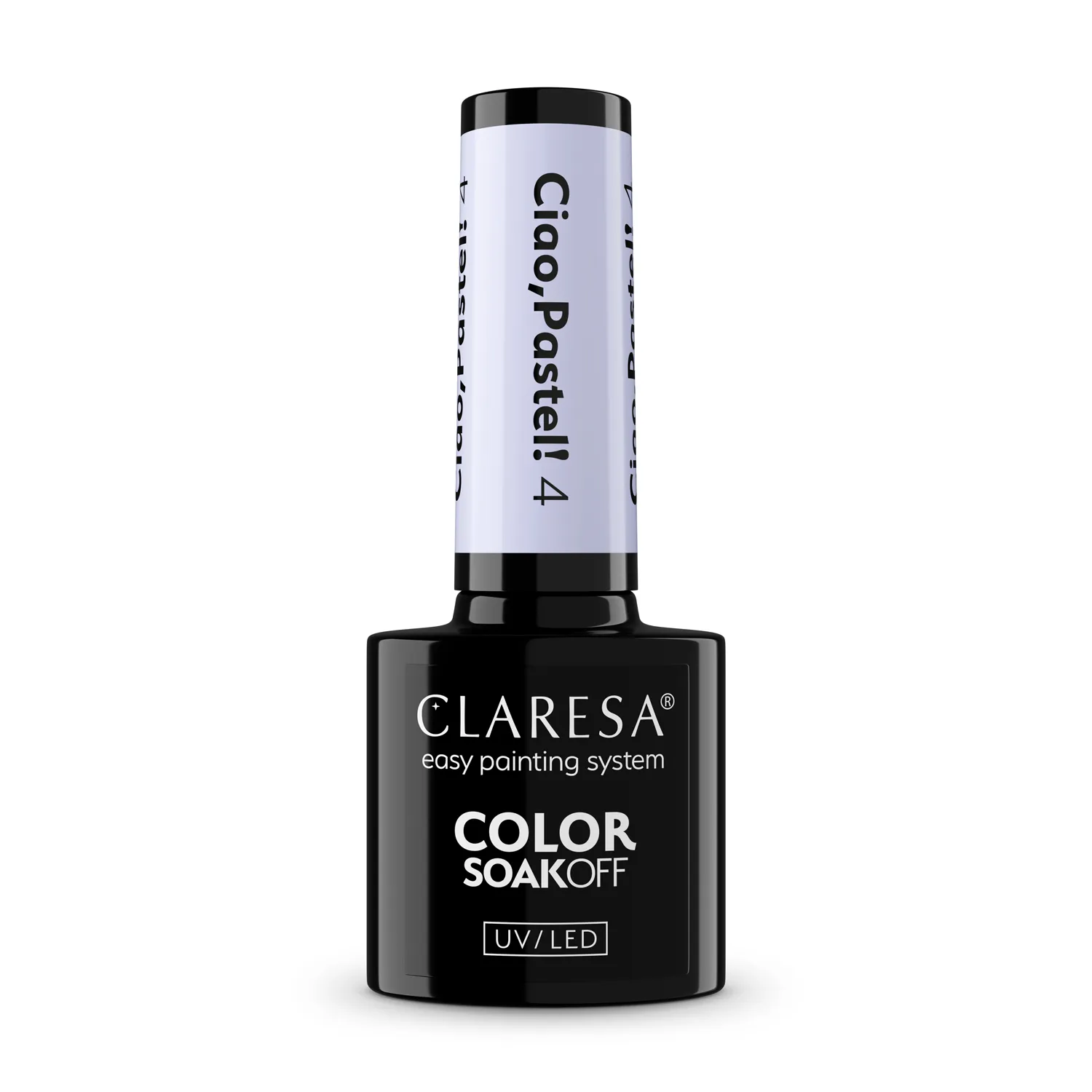Claresa Ciao Pastel 4 - pastelowa fioletowa hybryda 5 g, butelka i swatch koloru w klimacie la dolce vita