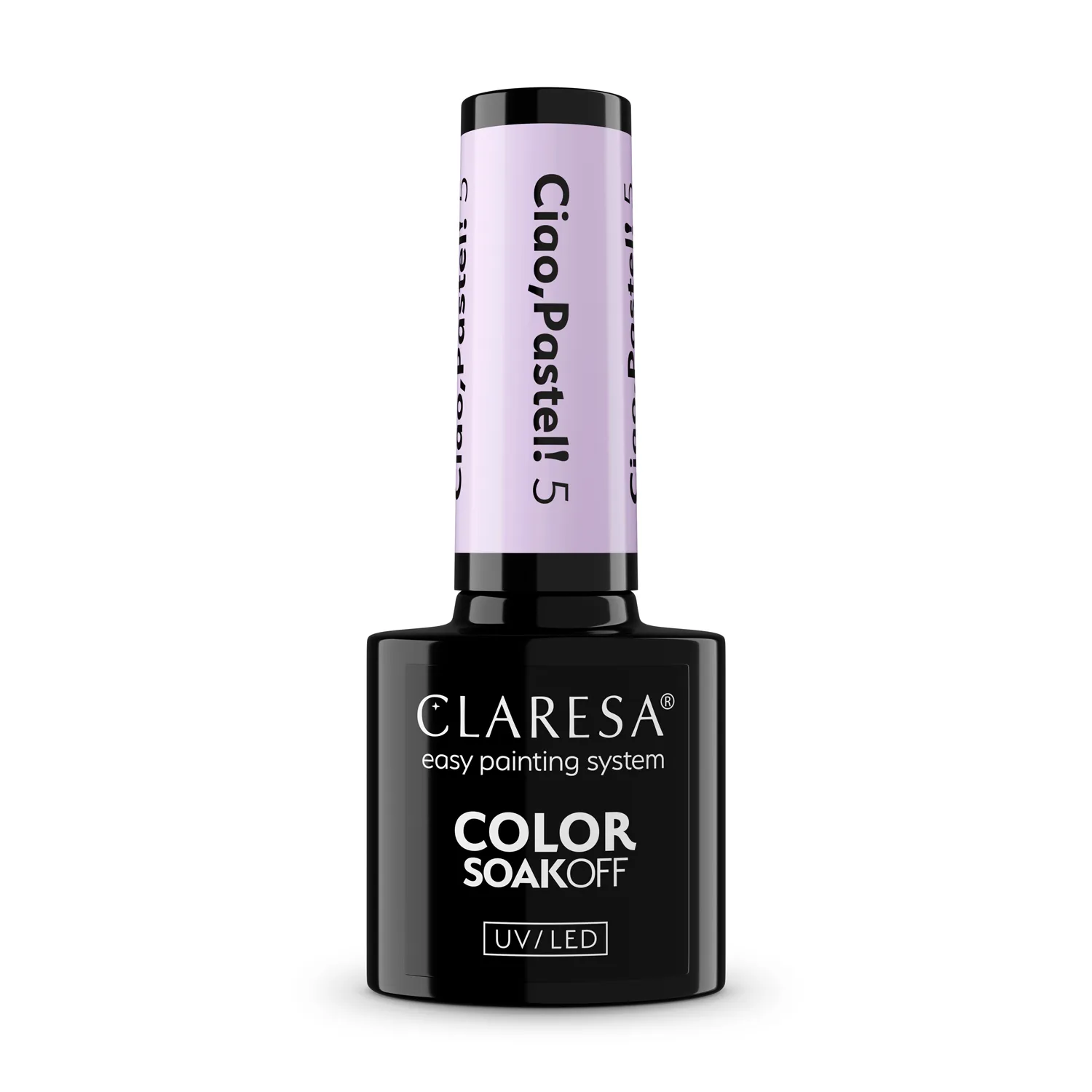 Claresa Ciao Pastel 5 - pastelowa lila hybryda 5 g, butelka i swatch koloru w klimacie la dolce vita