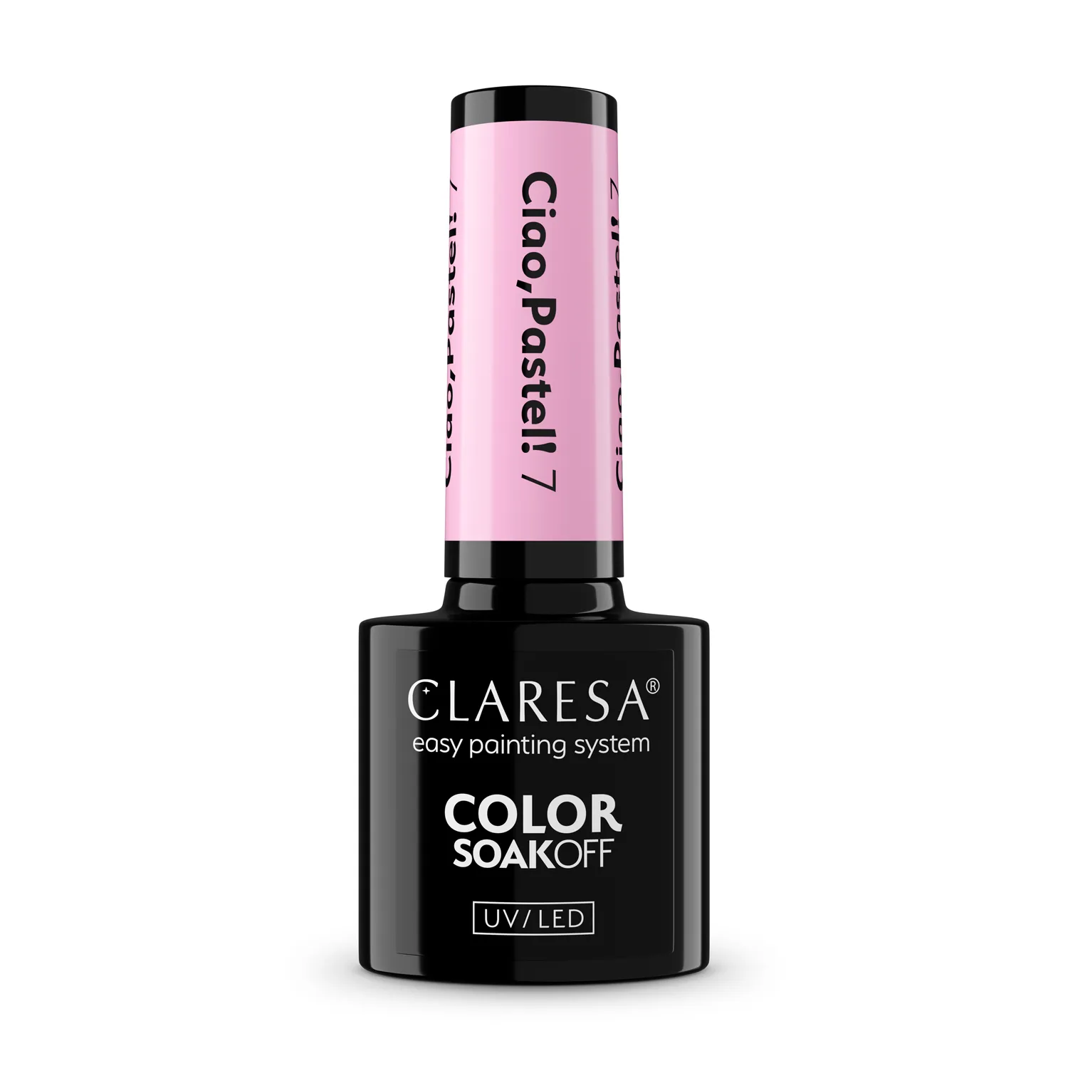 Claresa Ciao Pastel 7 - chłodny pastelowy róż hybryda 5 g, butelka i swatch koloru w klimacie la dolce vita