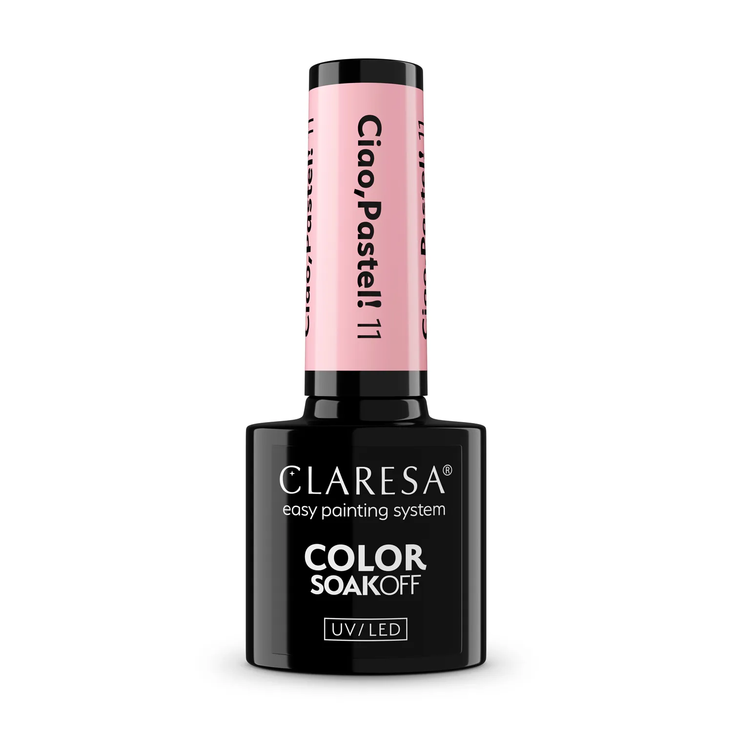 Claresa Ciao Pastel 11 - pastelowa różowa hybryda 5 g, butelka i swatch koloru w klimacie la dolce vita