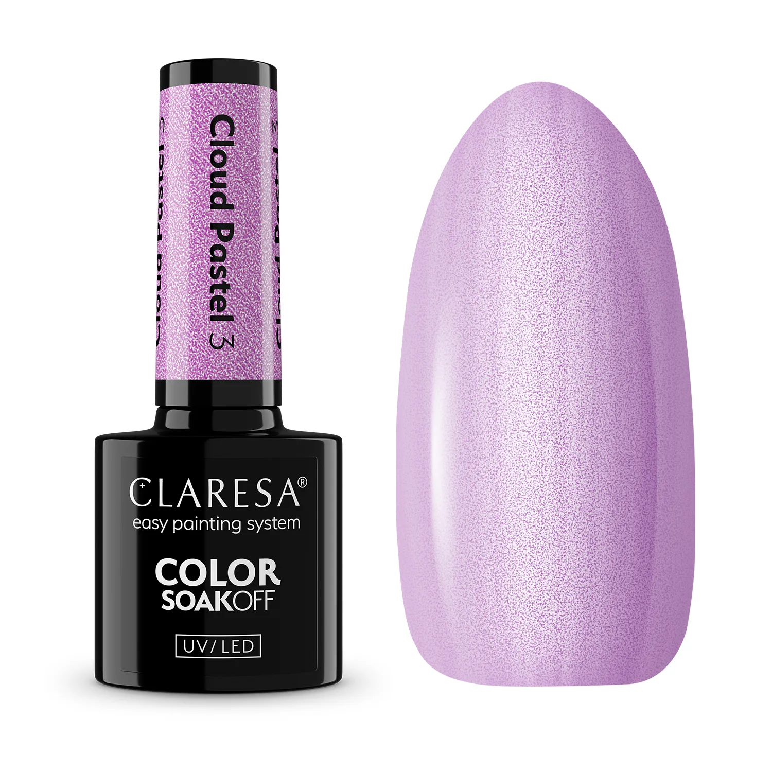 Packshot lakieru hybrydowego Claresa Cloud Pastel 3 z wymalowanym swatchem w pastelowym liliowym odcieniu z perłą