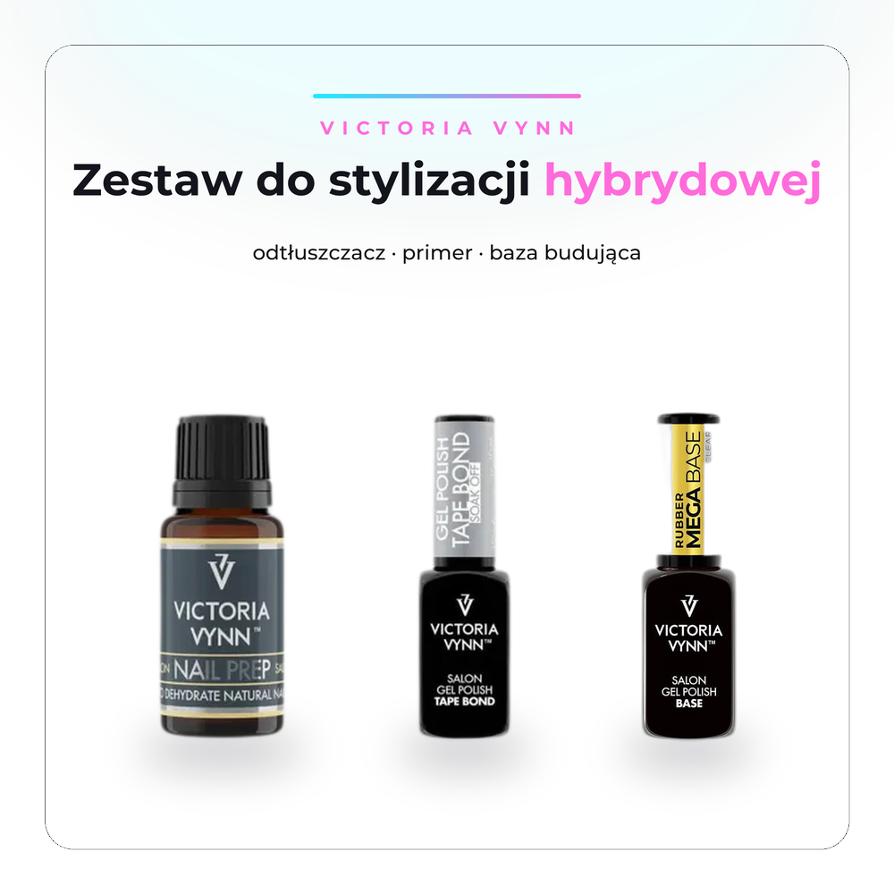Victoria Vynn Zestaw do stylizacji hybrydowej - odtłuszczacz Salon Nail Prep, primer Tape Bond i baza budująca Mega Base Clear