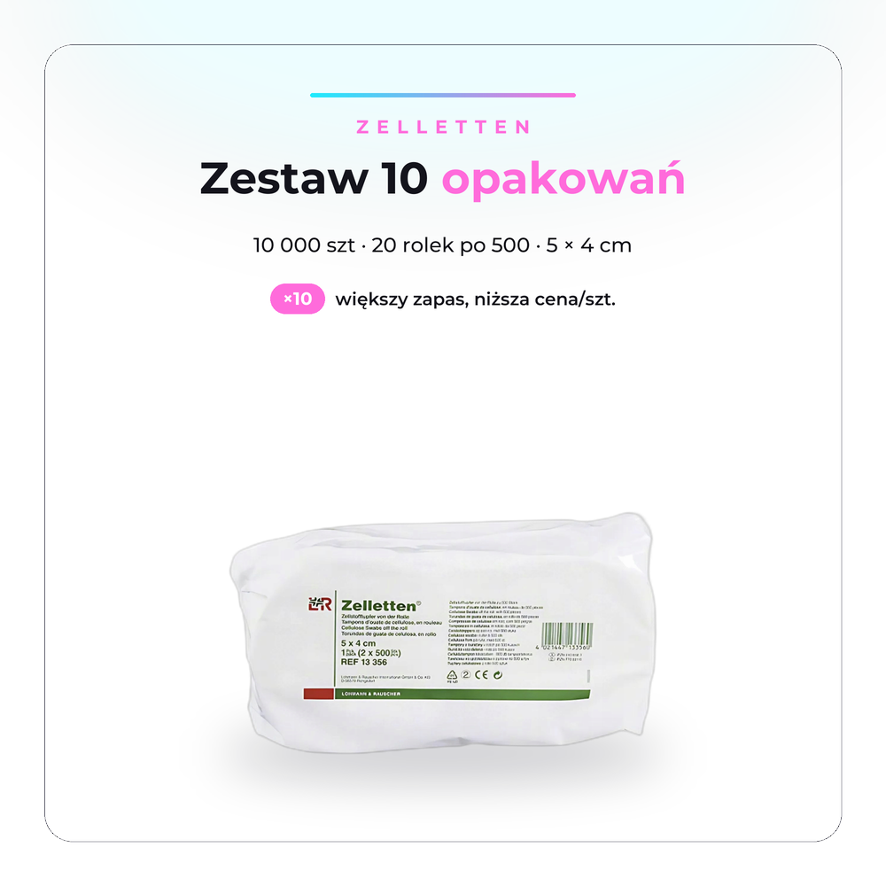 Waciki bezpyłowe Zelletten 12-warstwowe - zestaw 10 opakowań, 10 000 sztuk, 20 rolek po 500, 5 x 4 cm