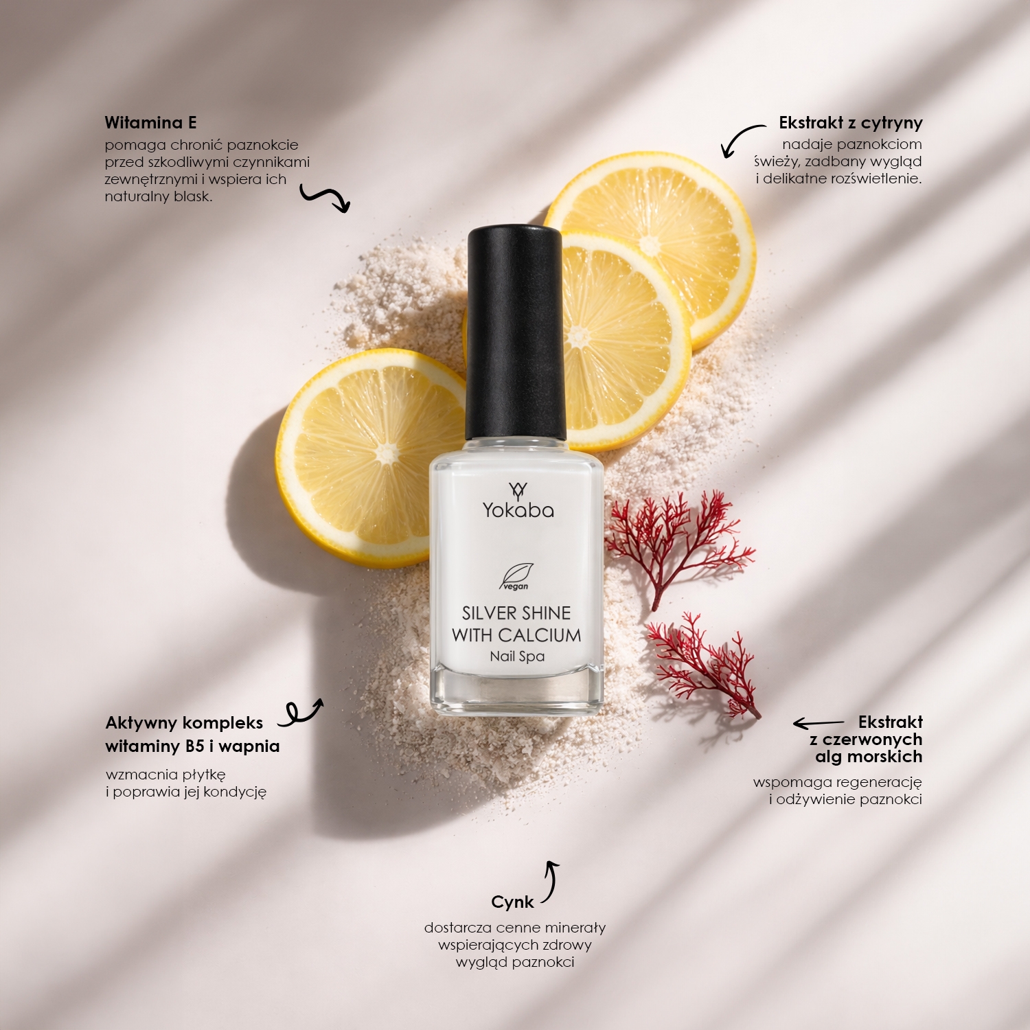 Yokaba Silver Shine 15 ml — składniki: witamina E, B5, wapń, cynk, algi, cytryna