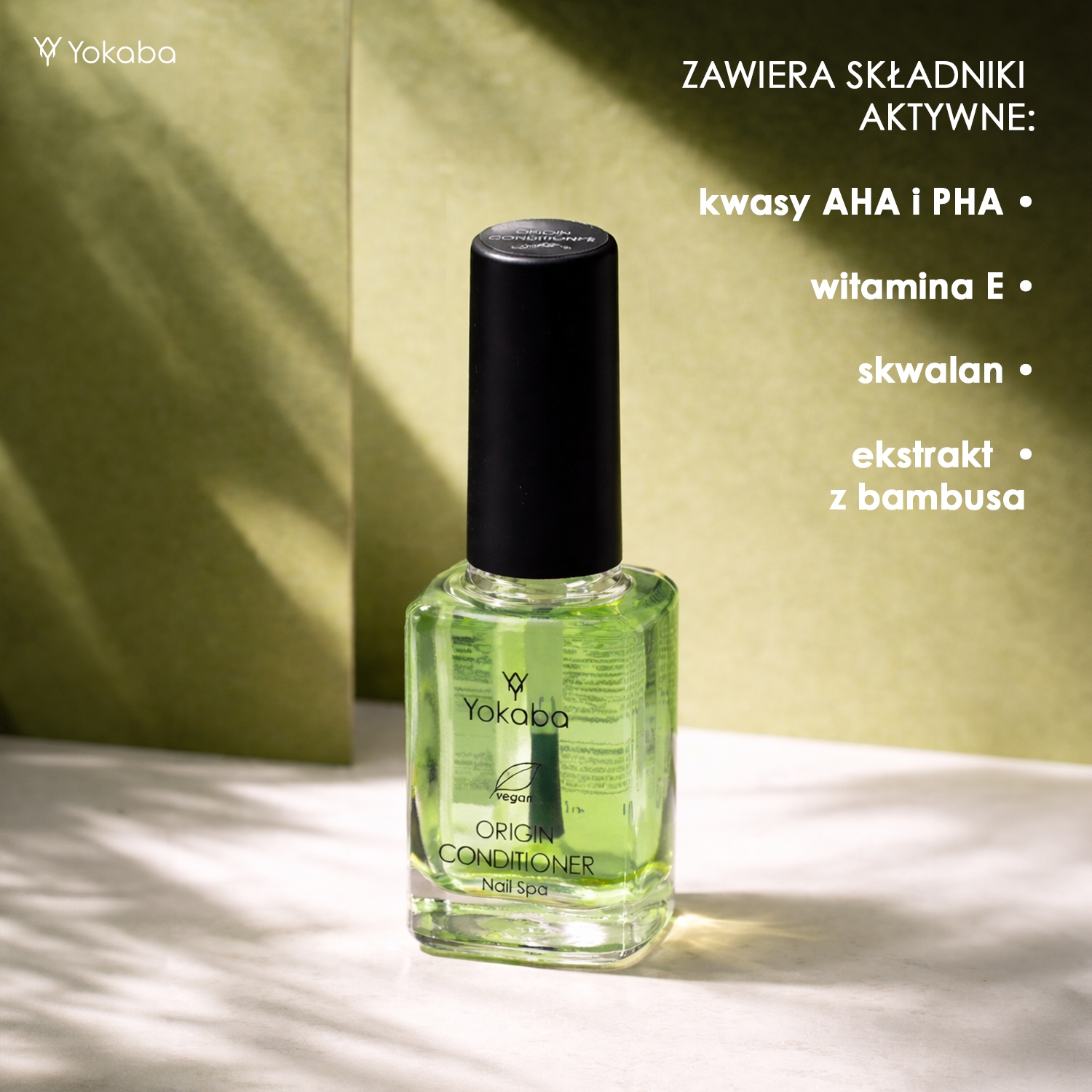 Yokaba Nail Spa Origin Conditioner 15 ml - składniki aktywne: kwasy AHA i PHA, witamina E, skwalan, ekstrakt z bambusa