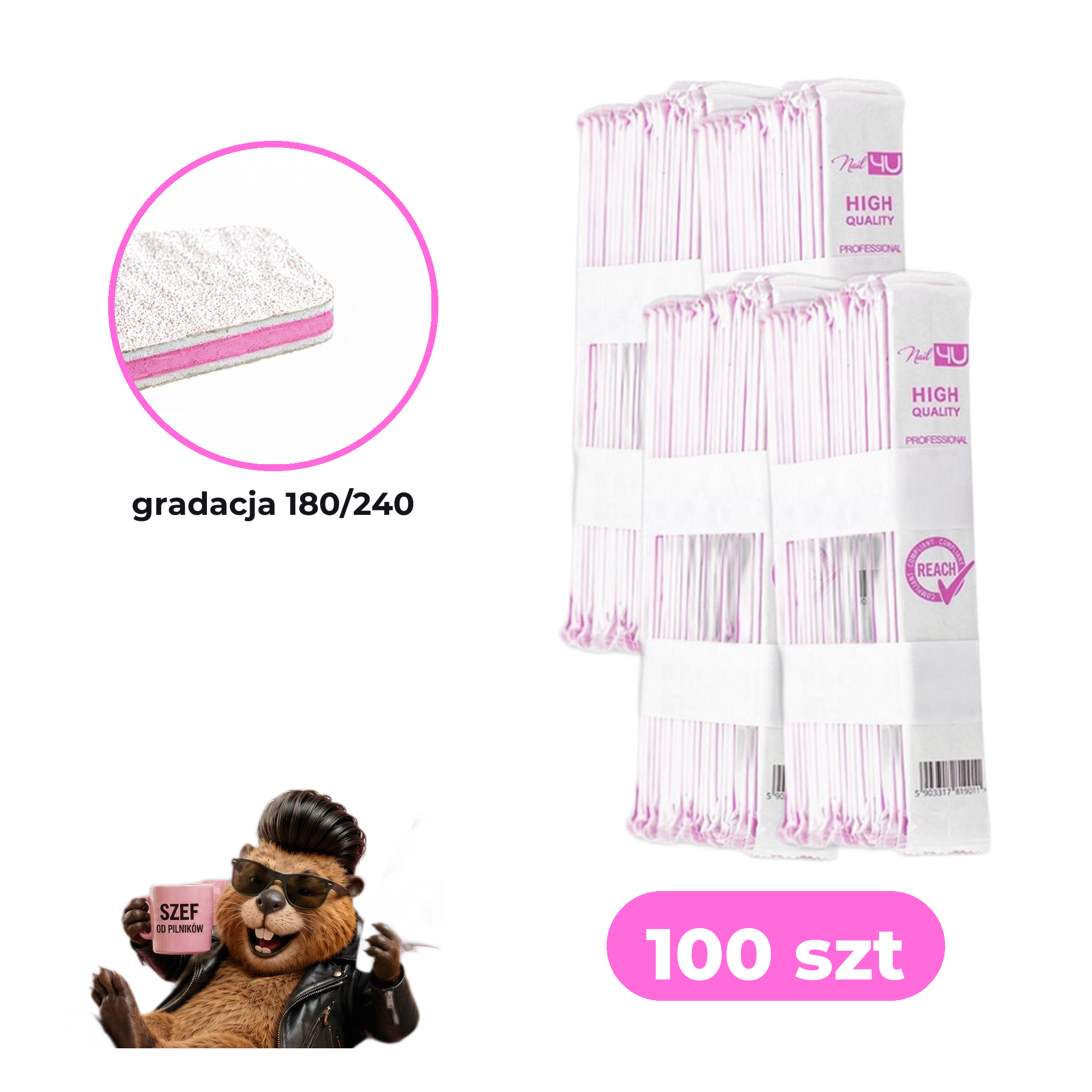 Zestaw 100 szt pilników Nail4U łódka 180/240 BASIC edycja z bobrem — paczki zbiorcze, makro gradacji 180/240