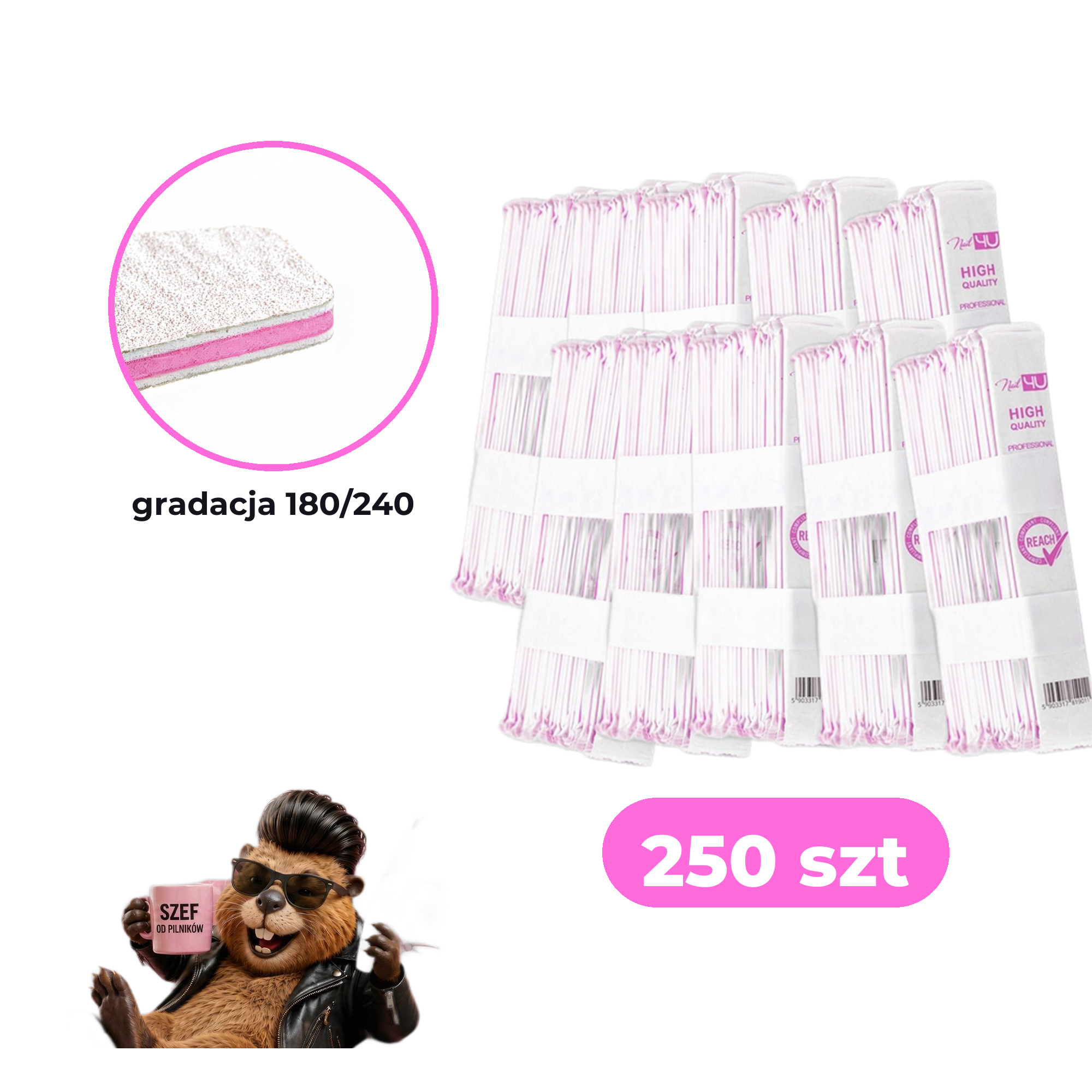 Zestaw 250 szt pilników Nail4U łódka 180/240 BASIC edycja z bobrem — paczki zbiorcze, makro gradacji 180/240