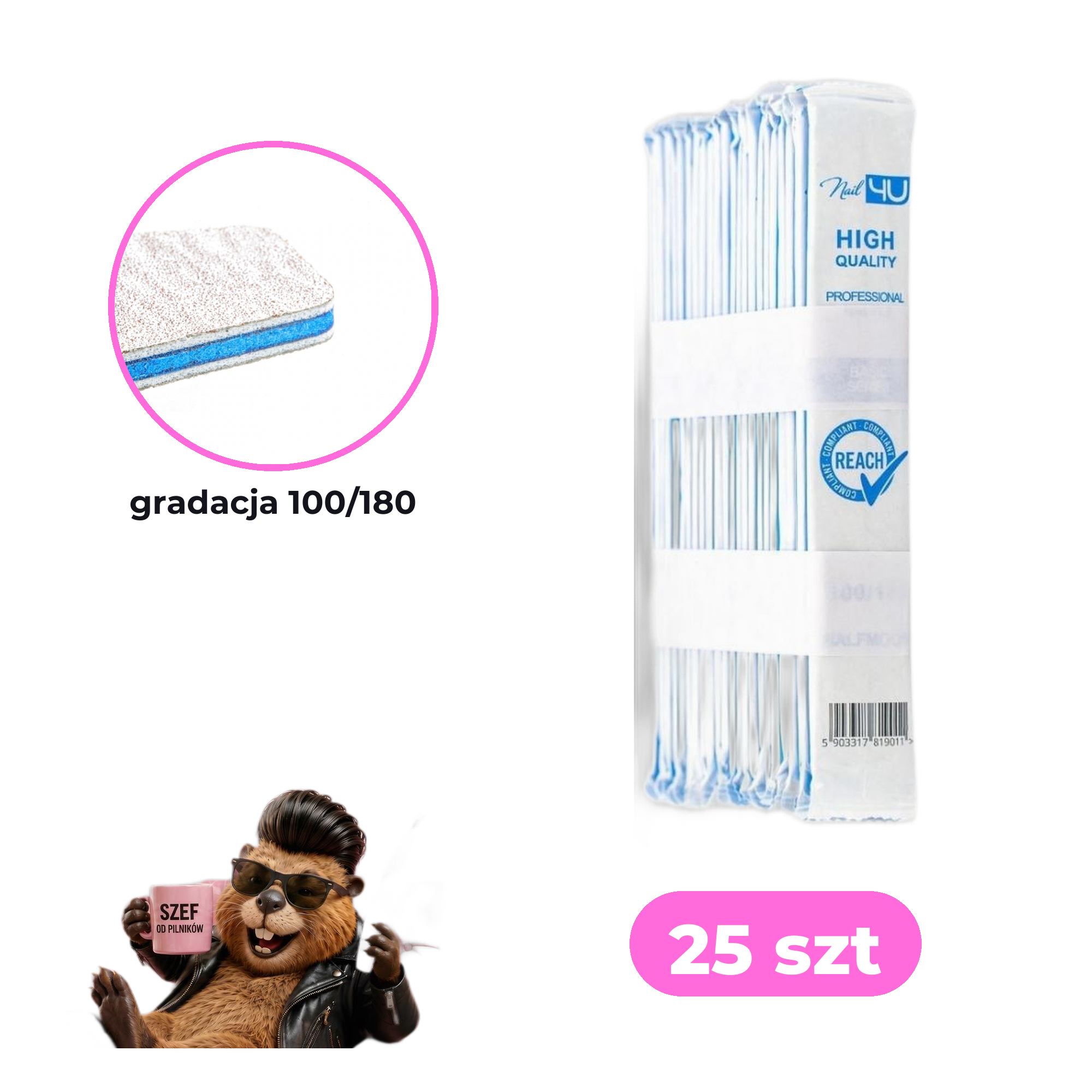 Zestaw 25 szt pilników Nail4U łódka 100/180 BASIC edycja z bobrem — paczka zbiorcza, makro gradacji 100/180