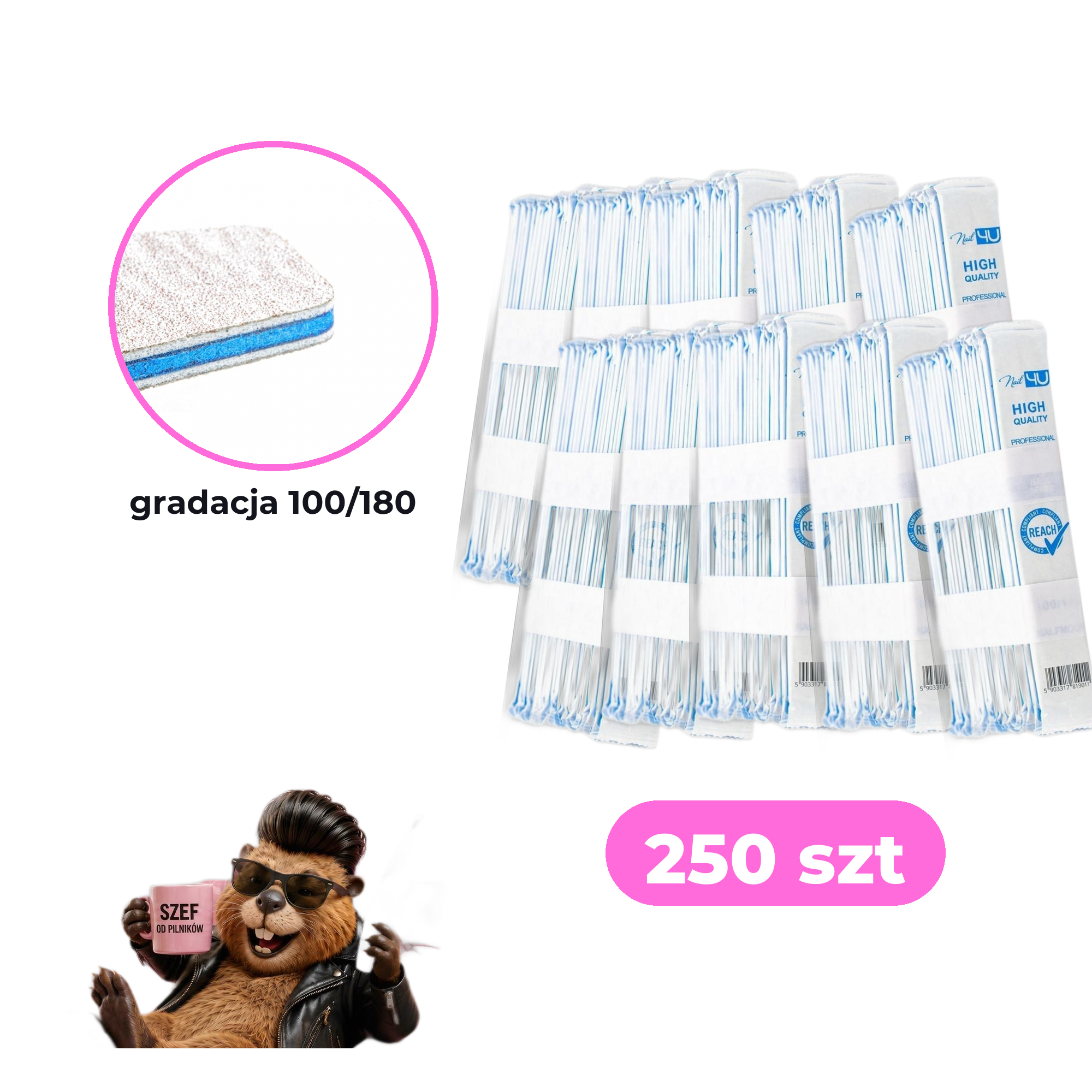 Zestaw 250 szt pilników Nail4U łódka 100/180 BASIC edycja z bobrem — paczki zbiorcze, makro gradacji 100/180