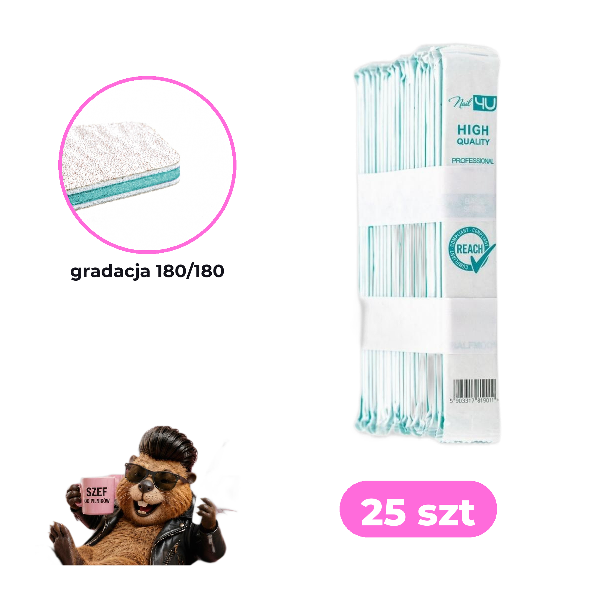 Zestaw 25 szt pilników Nail4U łódka 180/180 BASIC edycja z bobrem — paczka zbiorcza, makro gradacji 180/180