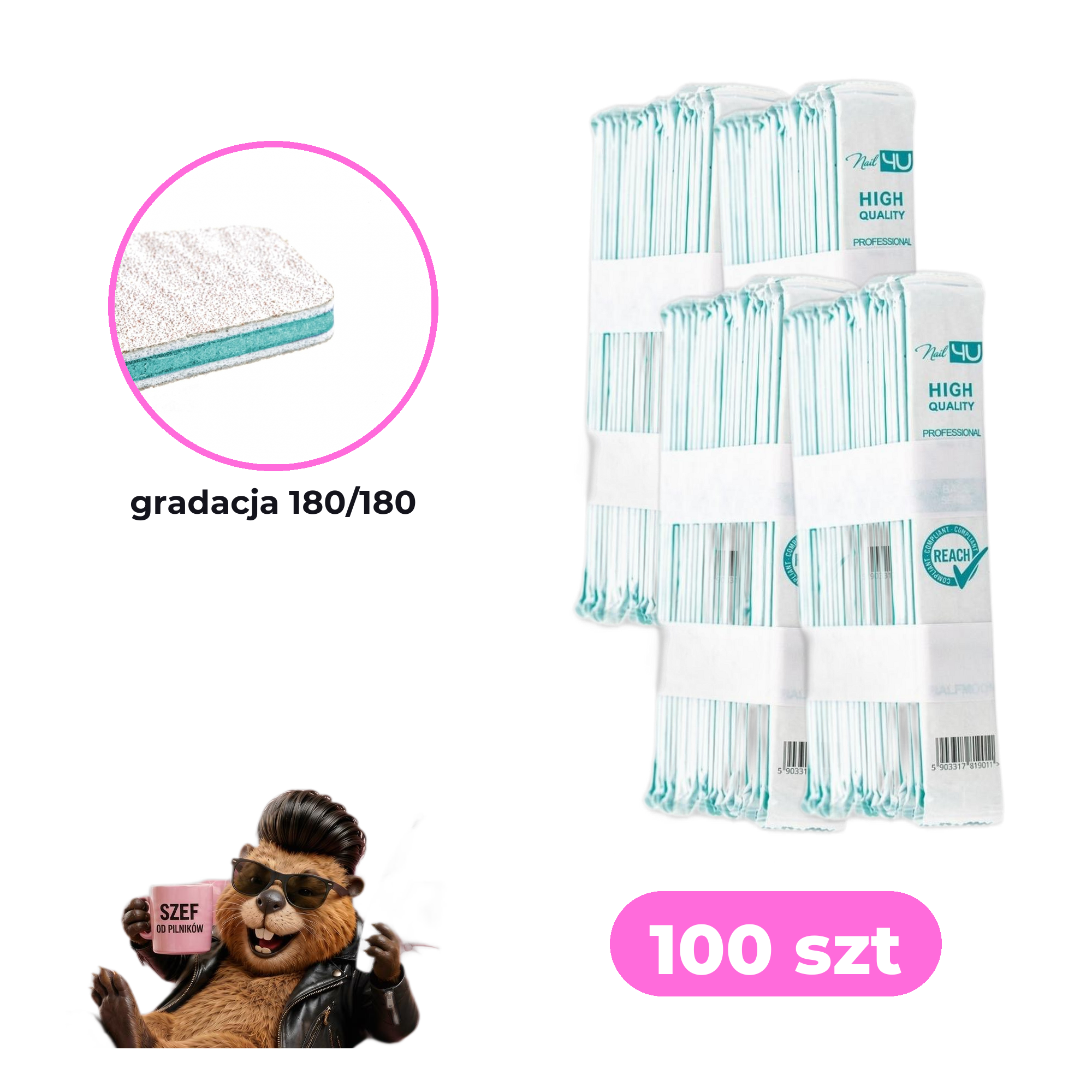 Zestaw 100 szt pilników Nail4U łódka 180/180 BASIC edycja z bobrem — paczki zbiorcze, makro gradacji 180/180