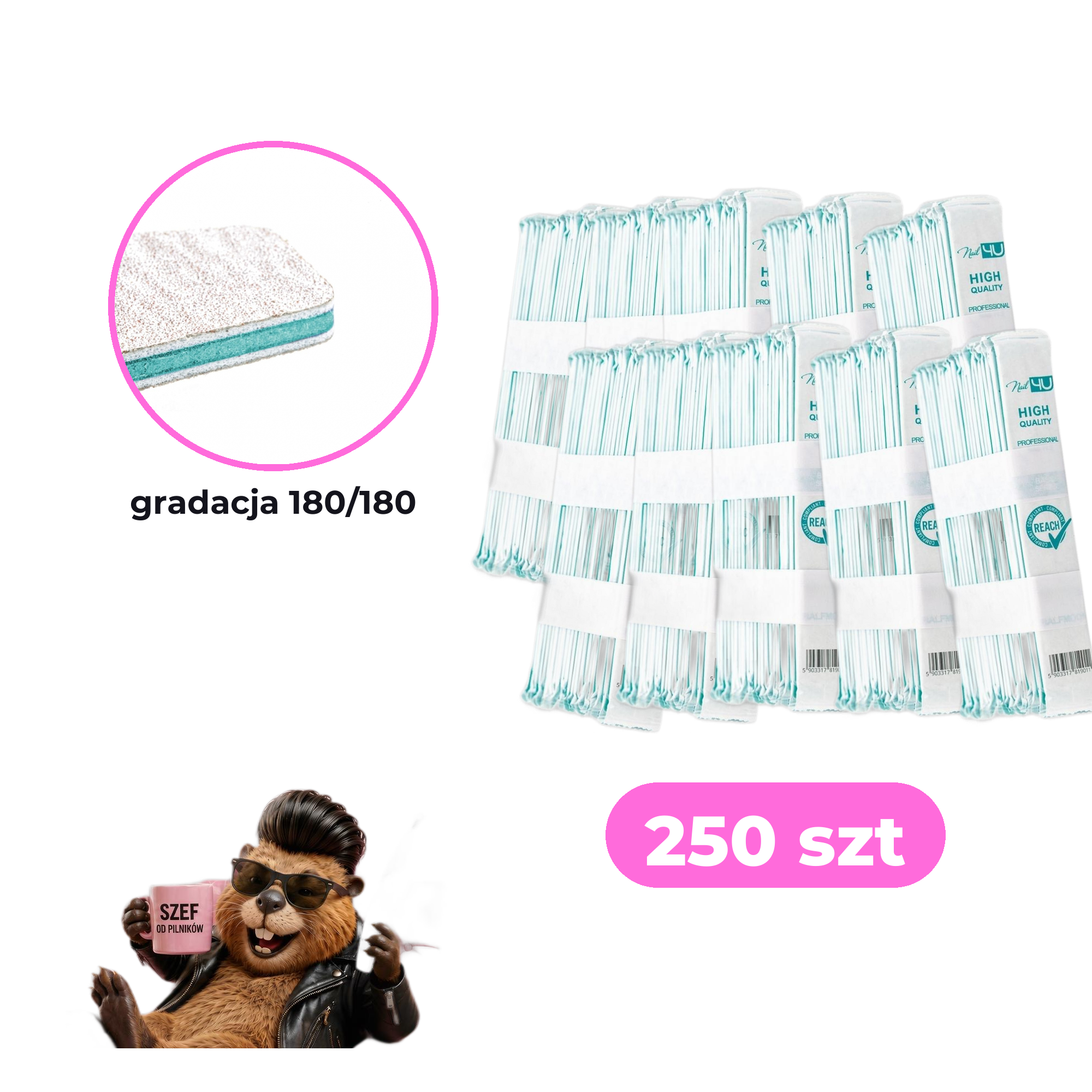 Zestaw 250 szt pilników Nail4U łódka 180/180 BASIC edycja z bobrem — paczki zbiorcze, makro gradacji 180/180