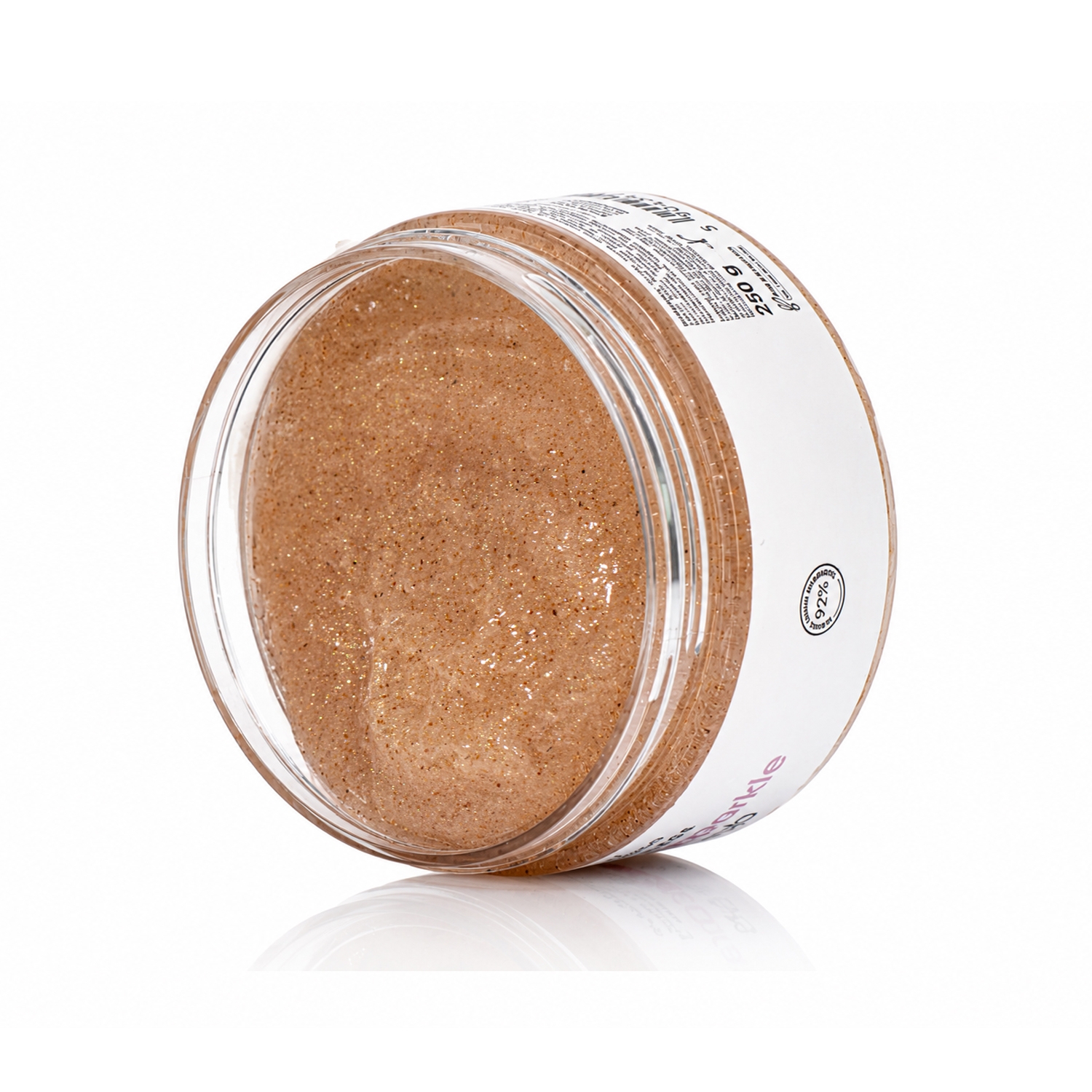 Yokaba Peony Sparkle Scrub 250 g, otwarty słoiczek pod kątem, widoczna gramatura