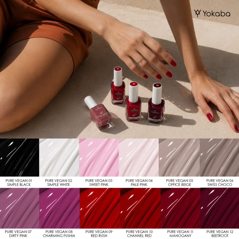 Wzornik linii Yokaba Pure Vegan Nail Lacquer, 12 odcieni z nazwami, w tym 12 Beetroot