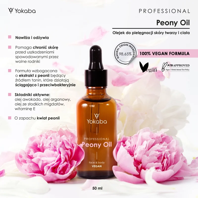 Yokaba Peony Oil 50 ml wśród kwiatów peonii - zestawienie właściwości olejku, 98,65% składników pochodzenia naturalnego, formuła wegańska