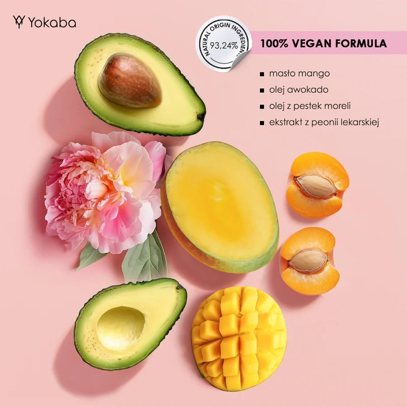 Składniki kremu Yokaba Peony Sparkle 75 ml: masło mango, olej awokado, olej z pestek moreli i ekstrakt z peonii lekarskiej