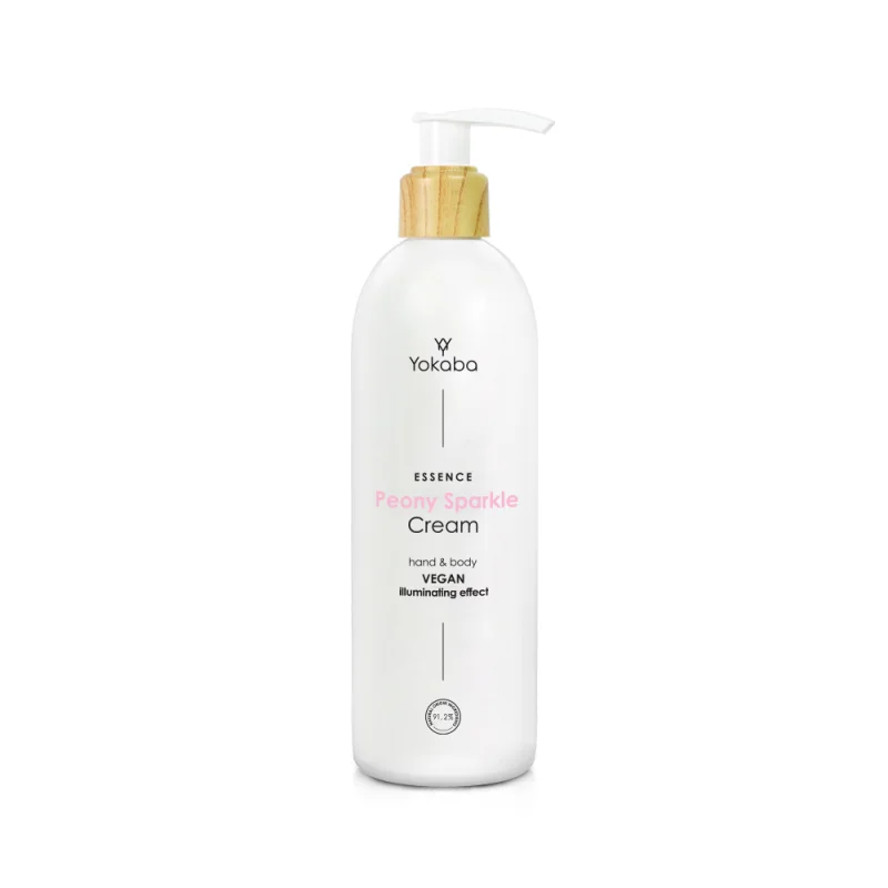 Yokaba Peony Sparkle Cream 230 ml - butelka z pompką i drewnianą nakrętką, packshot na białym tle