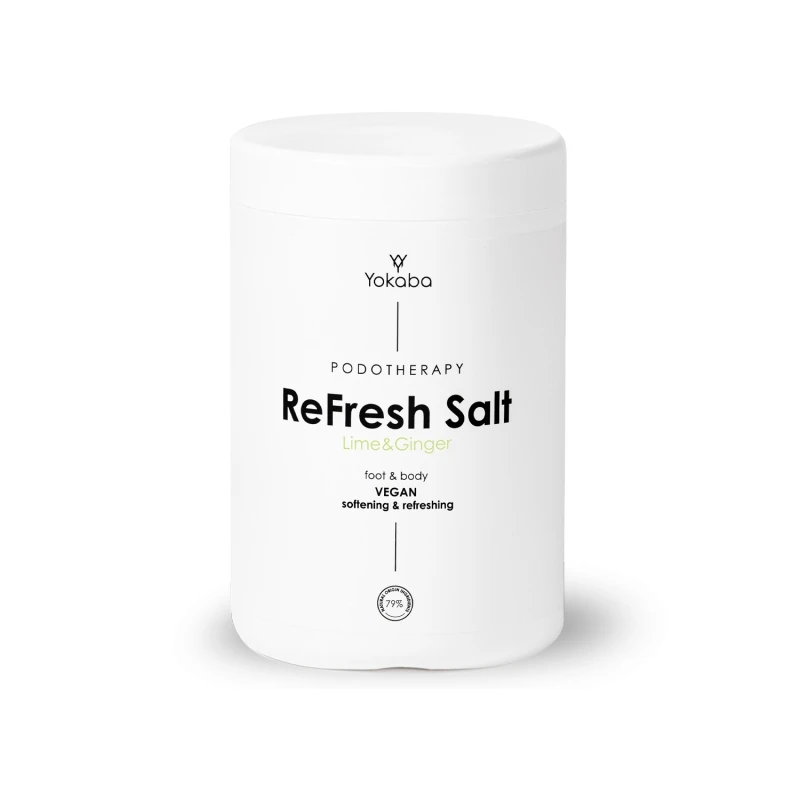 Yokaba ReFresh Salt Lime & Ginger 1000 g, biała puszka soli do kąpieli stóp, packshot na białym tle