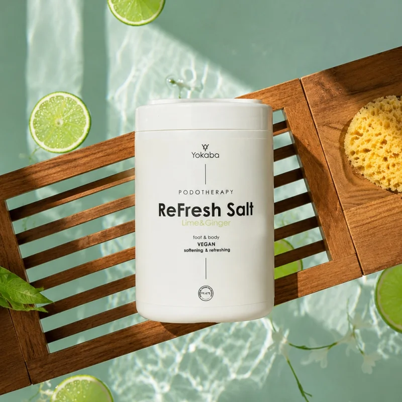 Puszka Yokaba ReFresh Salt Lime & Ginger 1000 g na drewnianej półce nad wanną z plasterkami limonki