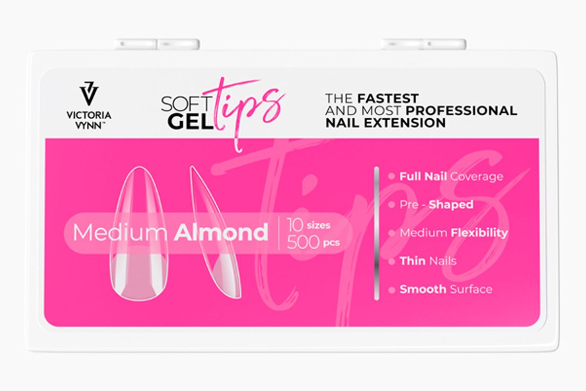 Soft Gel Tips Medium Almond Victoria Vynn, pudełko 500 tipsów widziane od frontu