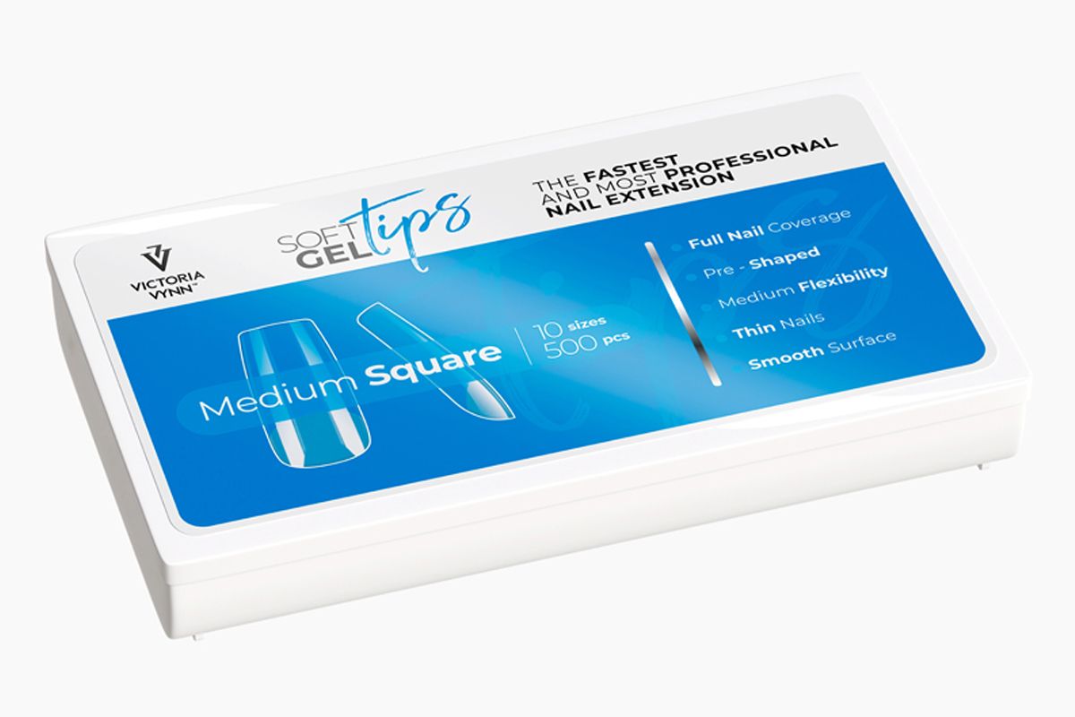 Soft Gel Tips Medium Square Victoria Vynn, zamknięte pudełko w ujęciu pod kątem
