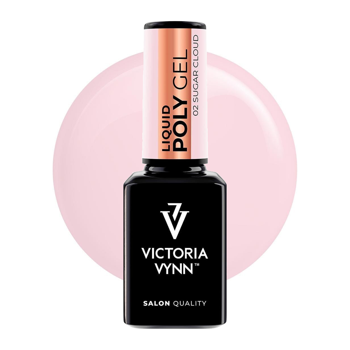 Victoria Vynn Liquid Poly Gel 02 Sugar Cloud 15 ml, butelka akrylożelu i koło w kolorze odcienia