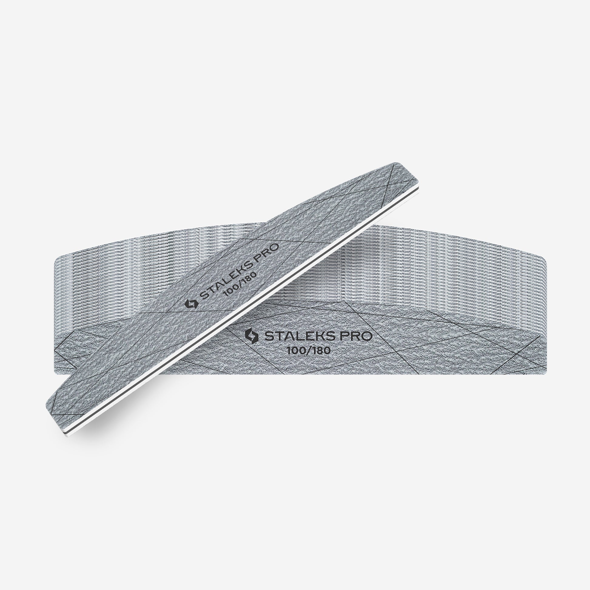 Pilnik mineralny Staleks SMART 40 półksiężyc 100/180 grit, sztos 25 sztuk i pojedynczy pilnik na jasnym tle
