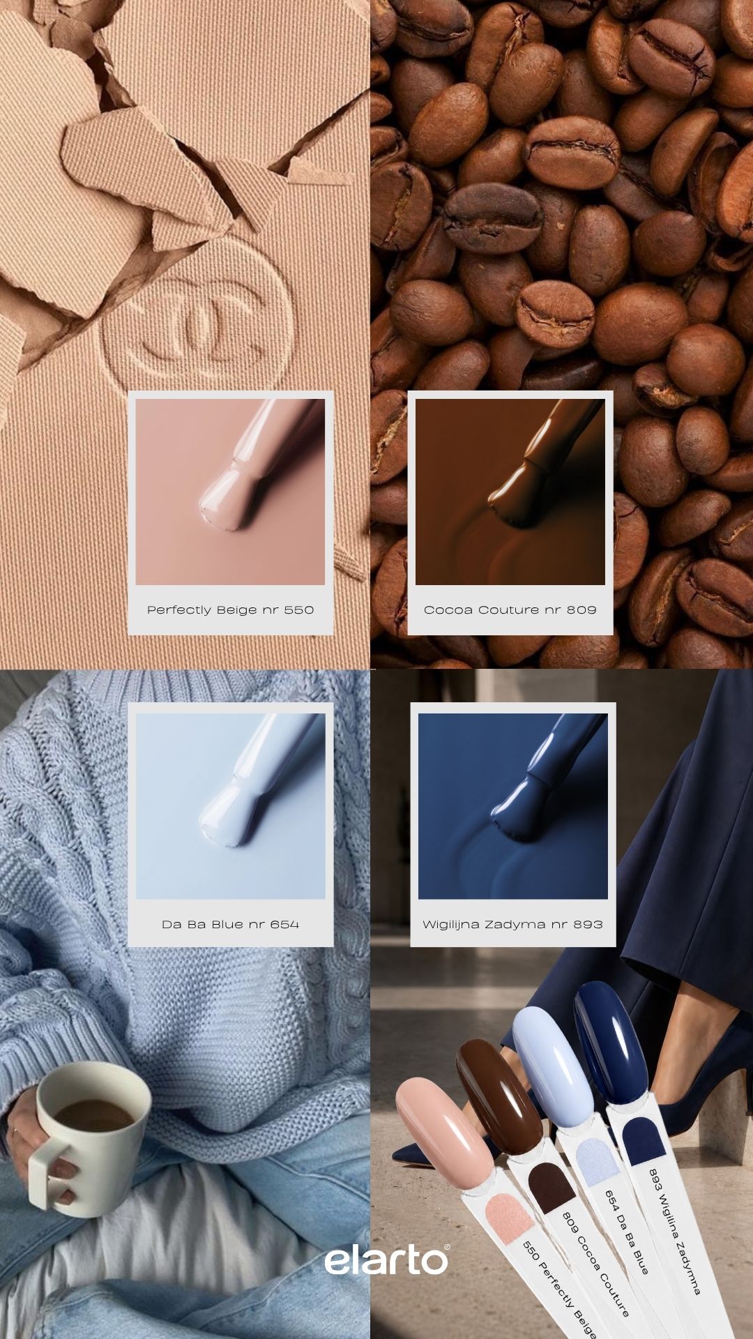 Zestaw Elarto Lacogel Blue Mocha - jesienny kolaż czterech odcieni z próbkami i inspiracjami kolorystycznymi