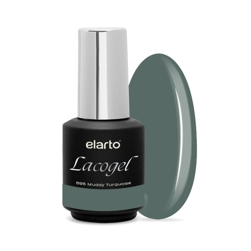 Elarto Lakier hybrydowy Muddy Turquoise Lacogel nr 695 7ml - czarna butelka ze srebrna nakretka obok owalnej probki lakieru w ciemnym turkusie przelamanym szaroscia