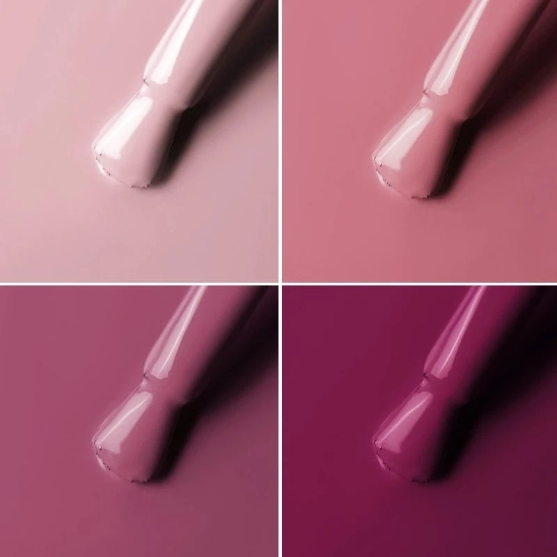 Elarto Lacogel Rosy Autumn, zestaw 4 lakierów hybrydowych 4 x 7 ml: kolaż czterech zbliżeń pędzelka z kroplą lakieru na tle w kolorze odcienia, trzy róże od pudrowego po przygaszony z nutą fioletu i głęboka jagodowa czerwień.