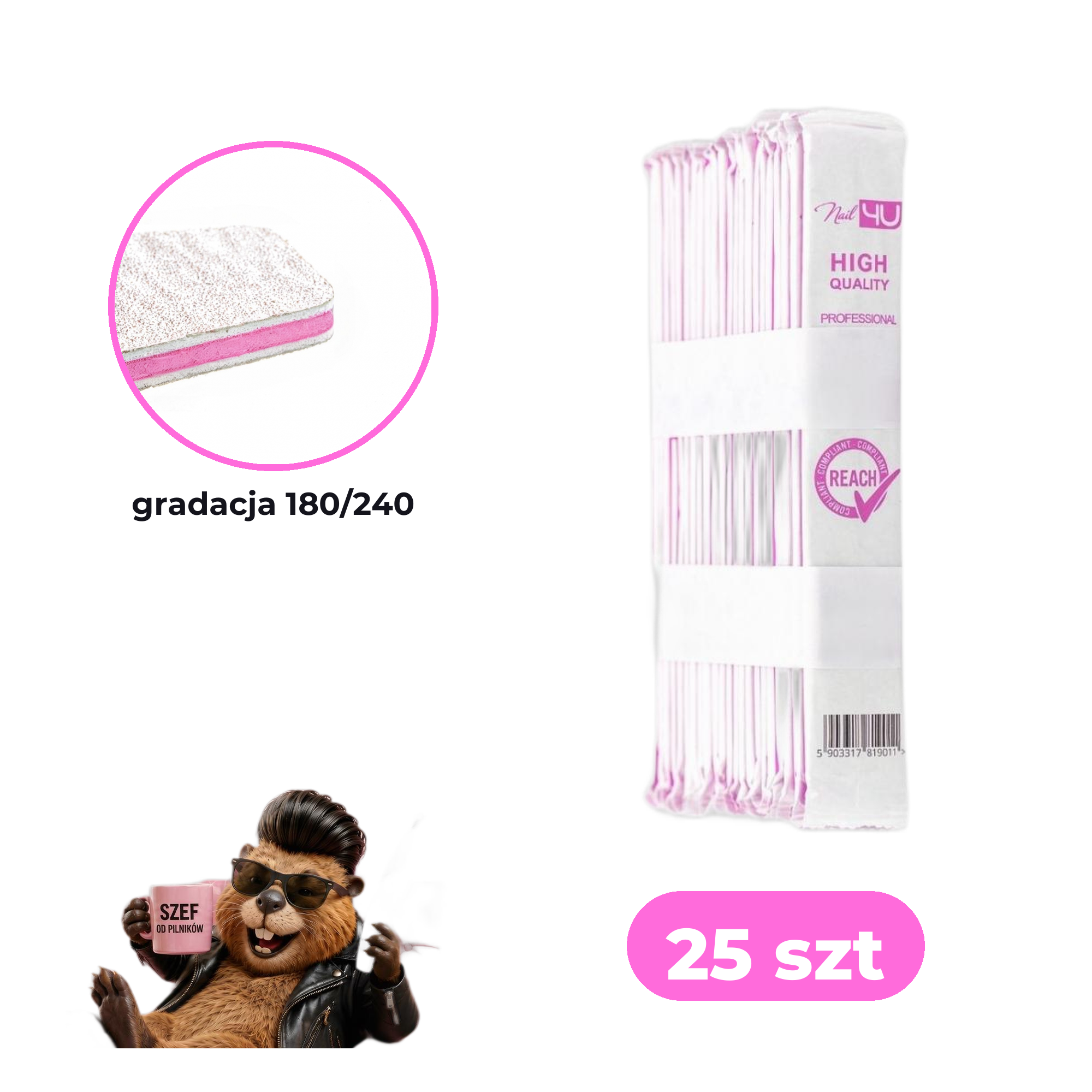 Zestaw 25 szt pilników Nail4U łódka 180/240 BASIC edycja z bobrem — paczka zbiorcza, makro gradacji 180/240